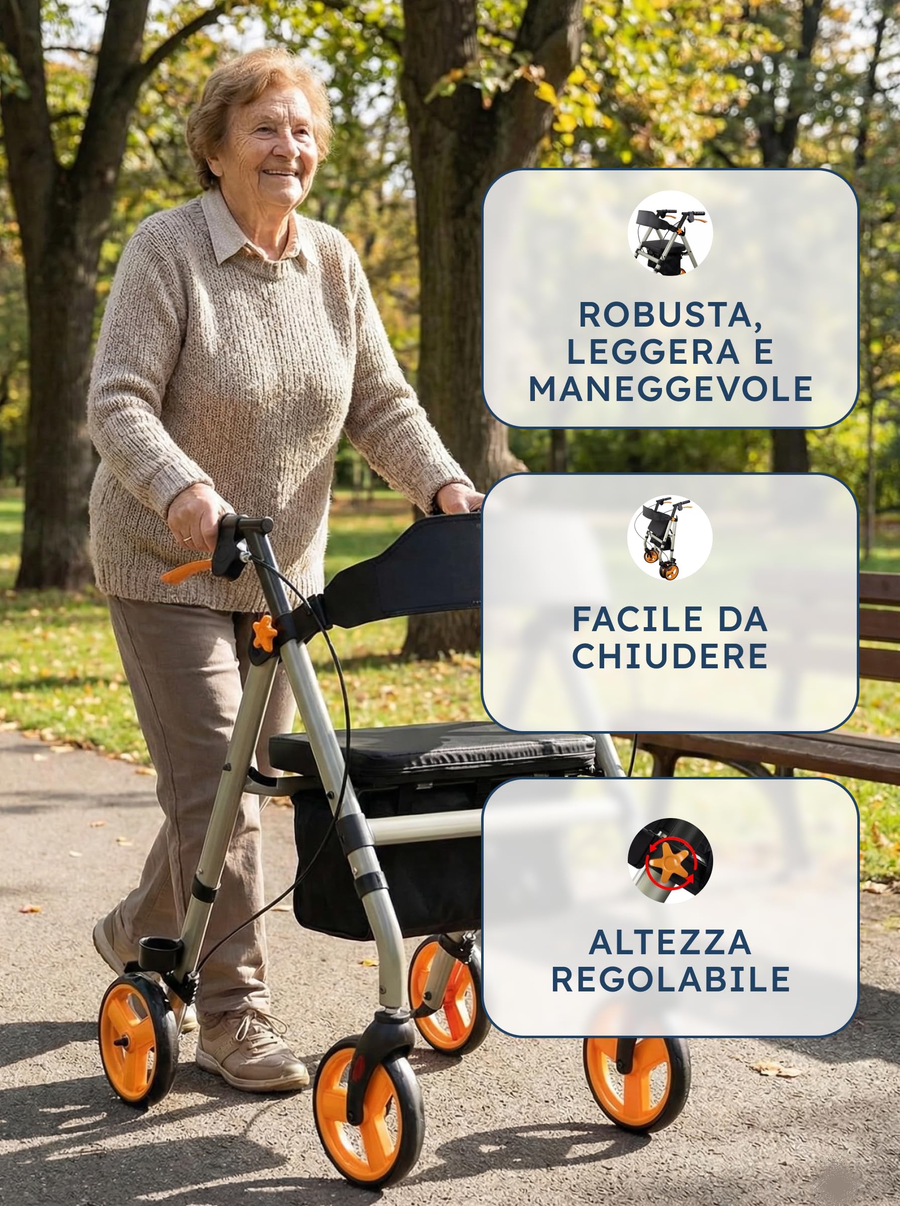 SPES Rollator Deambulatore in Acciaio Robusto (9 kg) - Ausilio Pieghevole Silver con Seduta Imbottita e Grandi Ruote Stabili (20 cm) - Freni Sicuri, Cestino e Porta Bastone (Portata 136 kg)