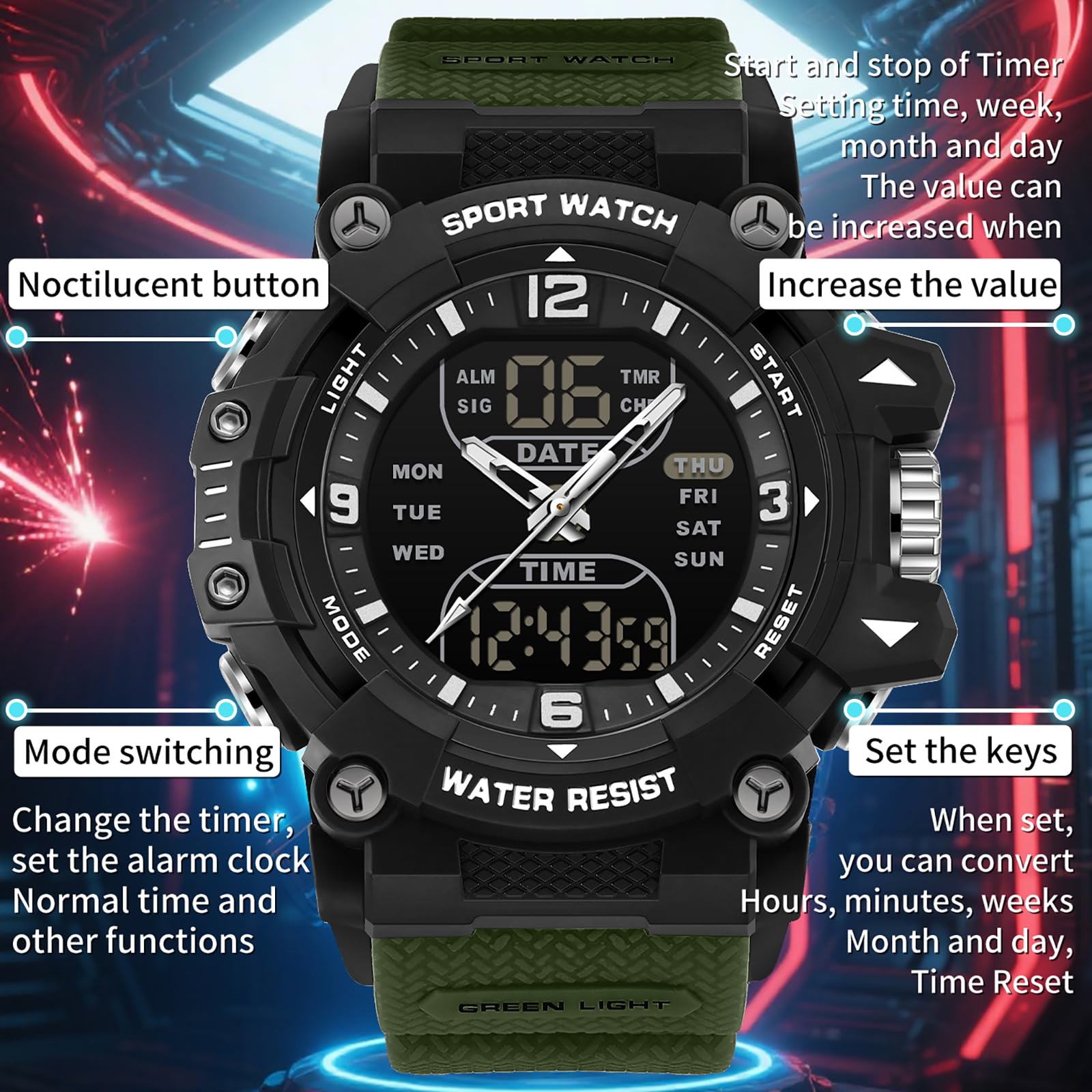 findtime Digitale wasserdichte Sportuhr für Herren, großes Zifferblatt, Alarm, Stoppuhr, Countdown, taktische Herren-Armbanduhr für Herren, leuchtende Outdoor-Laufuhr
