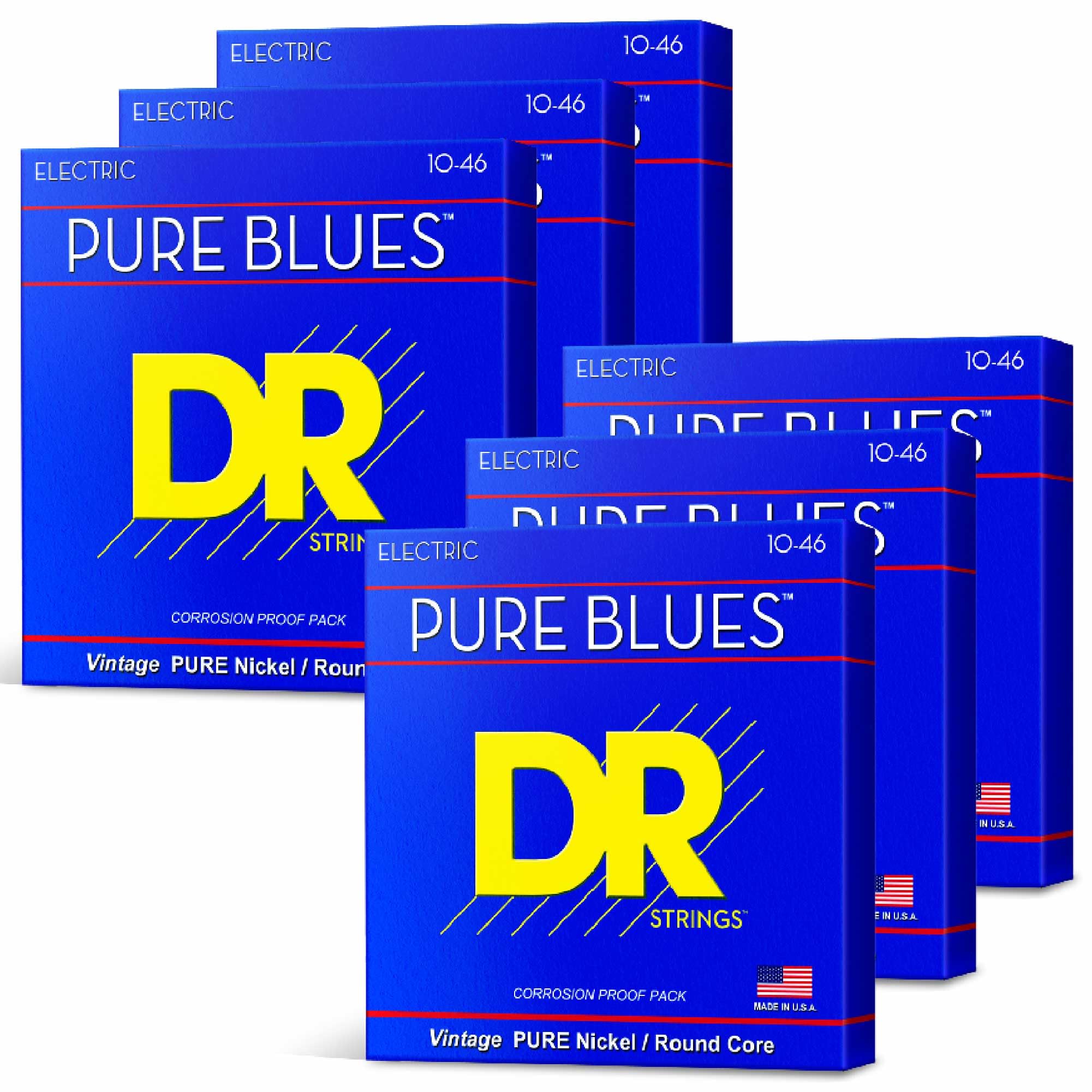 DR Strings PHR-10-6PK Pure Blues - Cuerdas para guitarra eléctrica de níquel puro - .010-.046 Medium Factory, paquete de 6