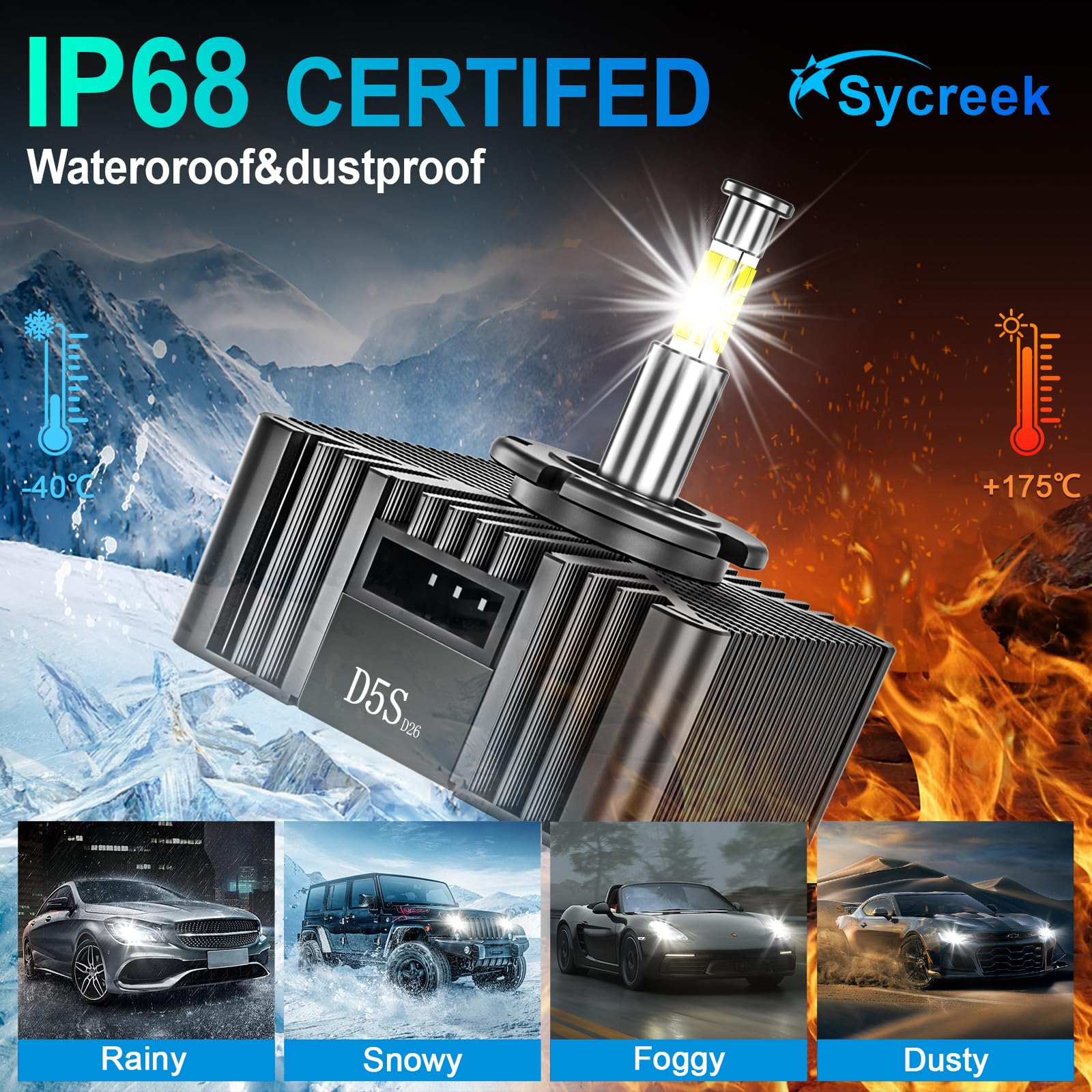 Sycreek 2026 Nueva Bombilla LED D5S 360° 180W 35000LM 6500K Luz de Cruce Alta Sustitución OEM Xenon Bombillas, Plug and Play