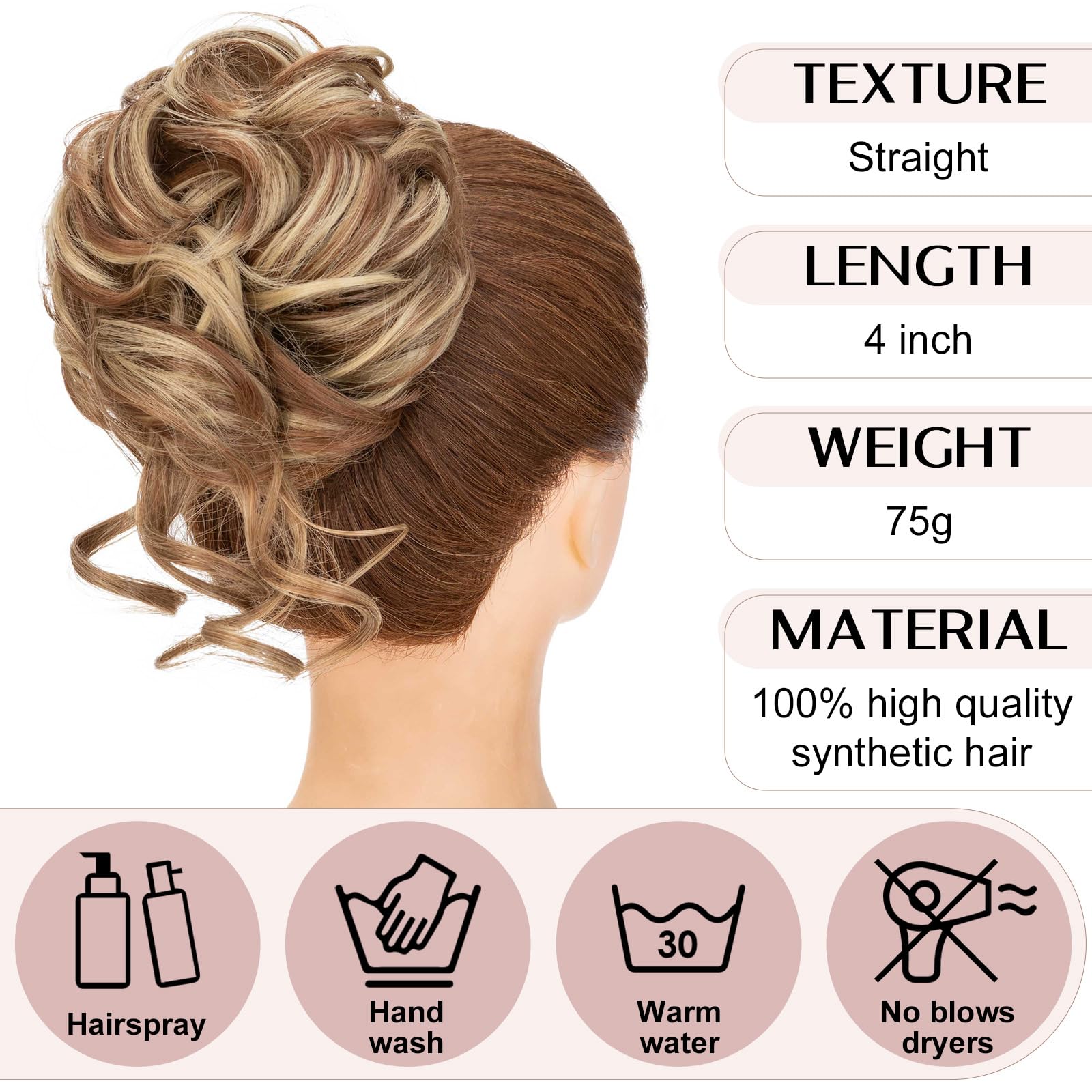 SEGO Tousled Updo Hair Bun Donut Synthetic Thick Hair Chignon 77G Claw Messy Bun Hairpieces Wavy Curly, Light Brown & Ash Blonde - Image 4