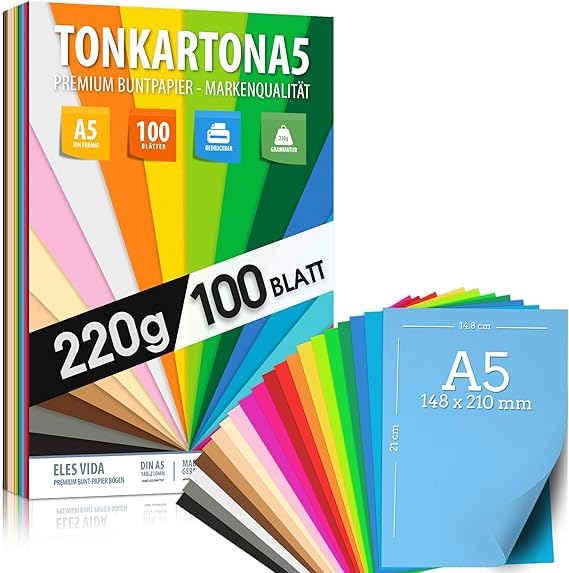 100 vellen gekleurd papier CARDBOARD DIN A5 220g set 20 kleuren - dik kraftpapier, gekleurde ...
