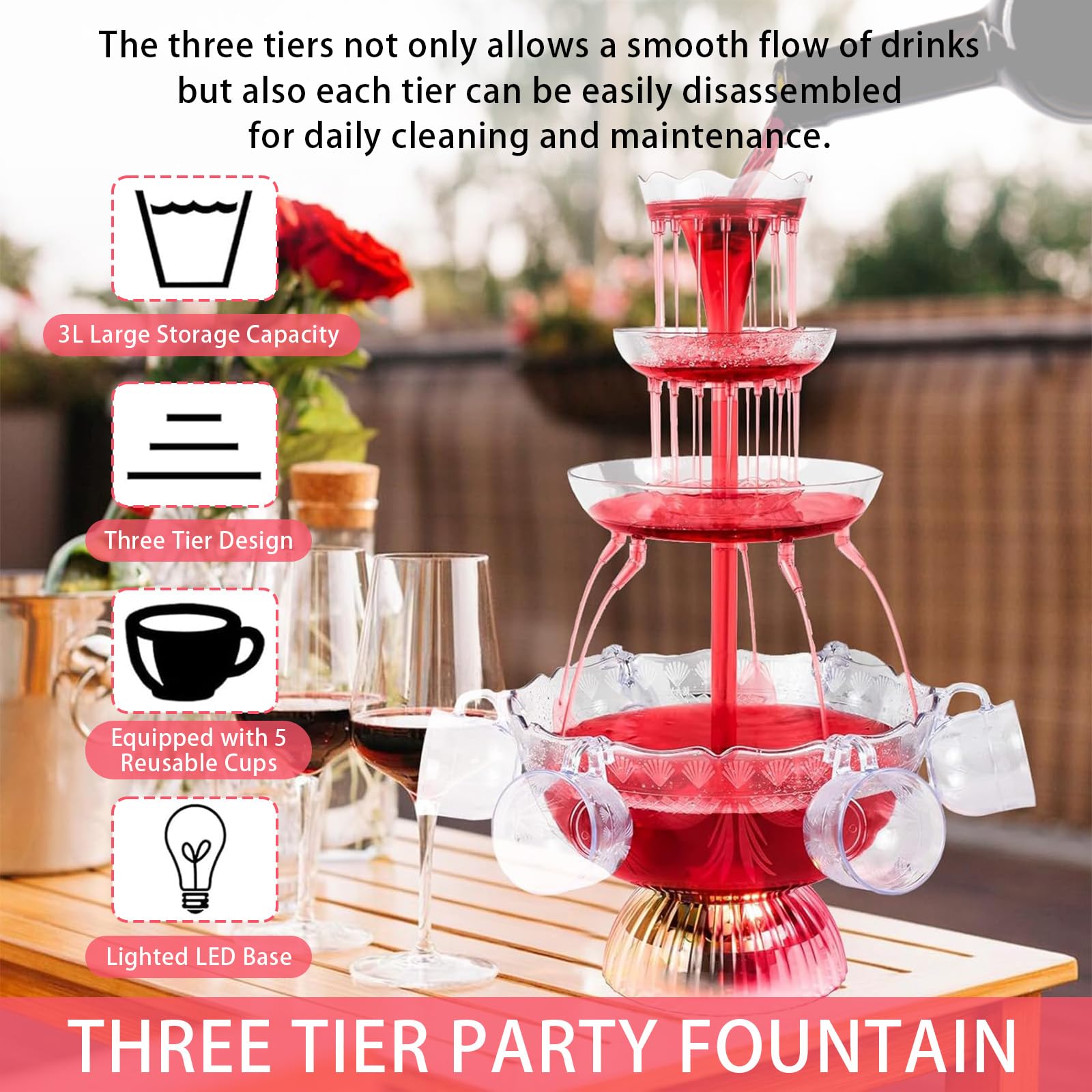 3 Niveaux Fontaine de Fête avec Boissons Réutilisables, Vin Éclairé LED, Fontaine à Boire pour Pubs, Fêtes et Anniversaires