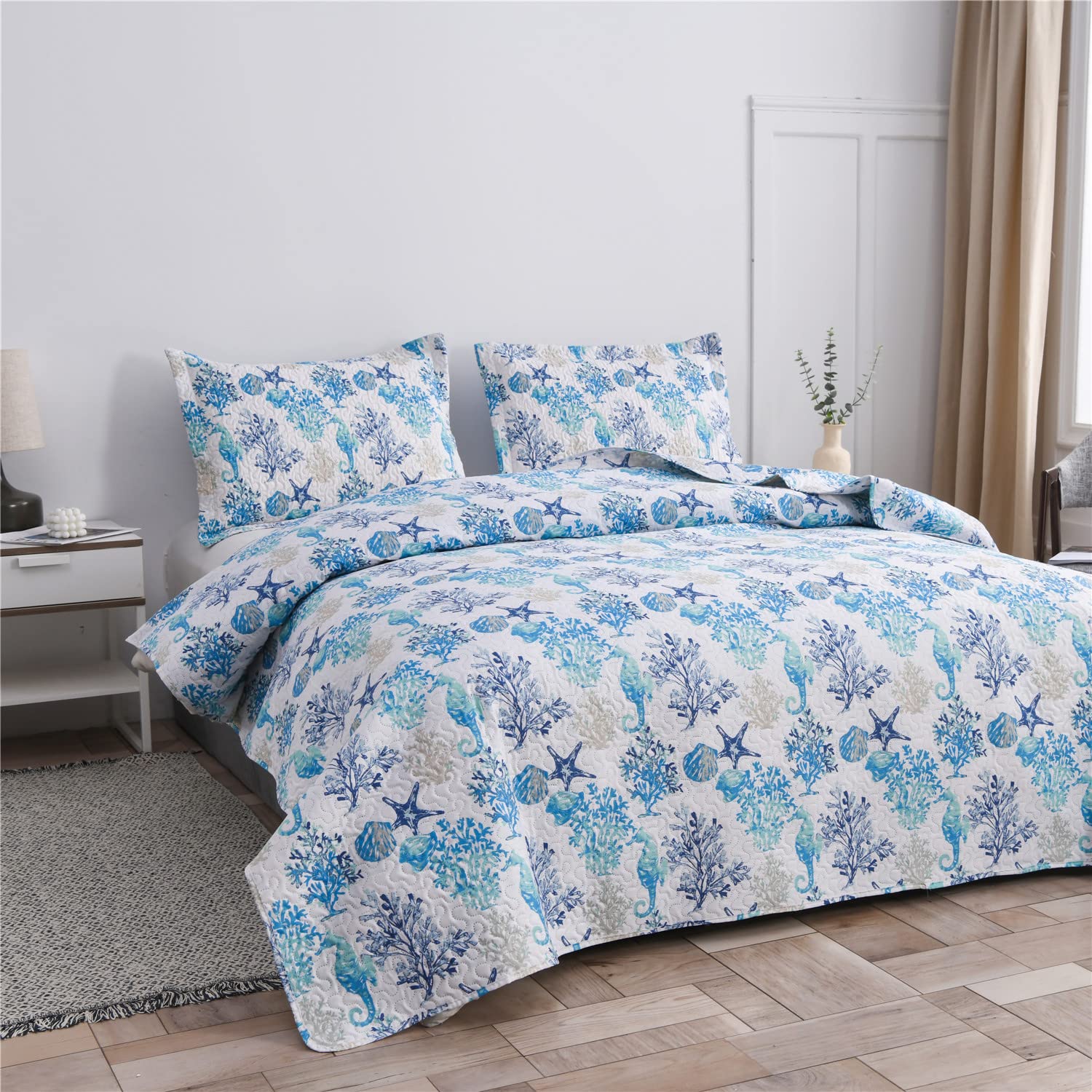 Smuge Ultra-Thin Lightweight Beach Quilt Set King Size 96"x108", Seashell Nautical Theme Cottage Coastal Bedspread Coverlet Bed Set, All Season Bedding Sets Blankets Bedroom Decor (Turquoise,King)