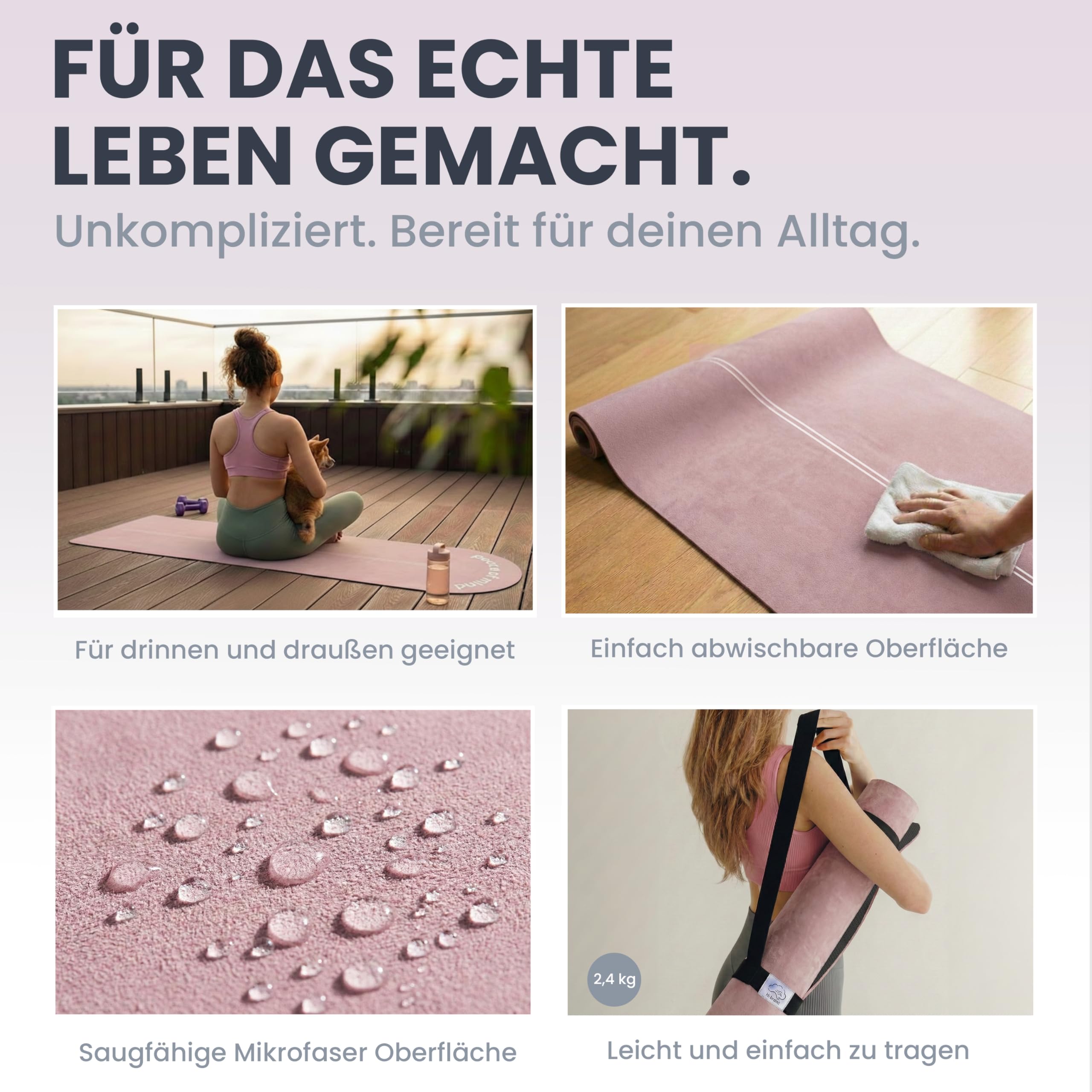 Premium Yoga Matte – Mikrofaser & Naturkautschuk, Extra Breit 68cm - Meditationsmatte, Pilates Matte, Achtsamkeit, Sanfte Übungen, Weiche Haptik, Rutschfest - Inklusive Tragegurt