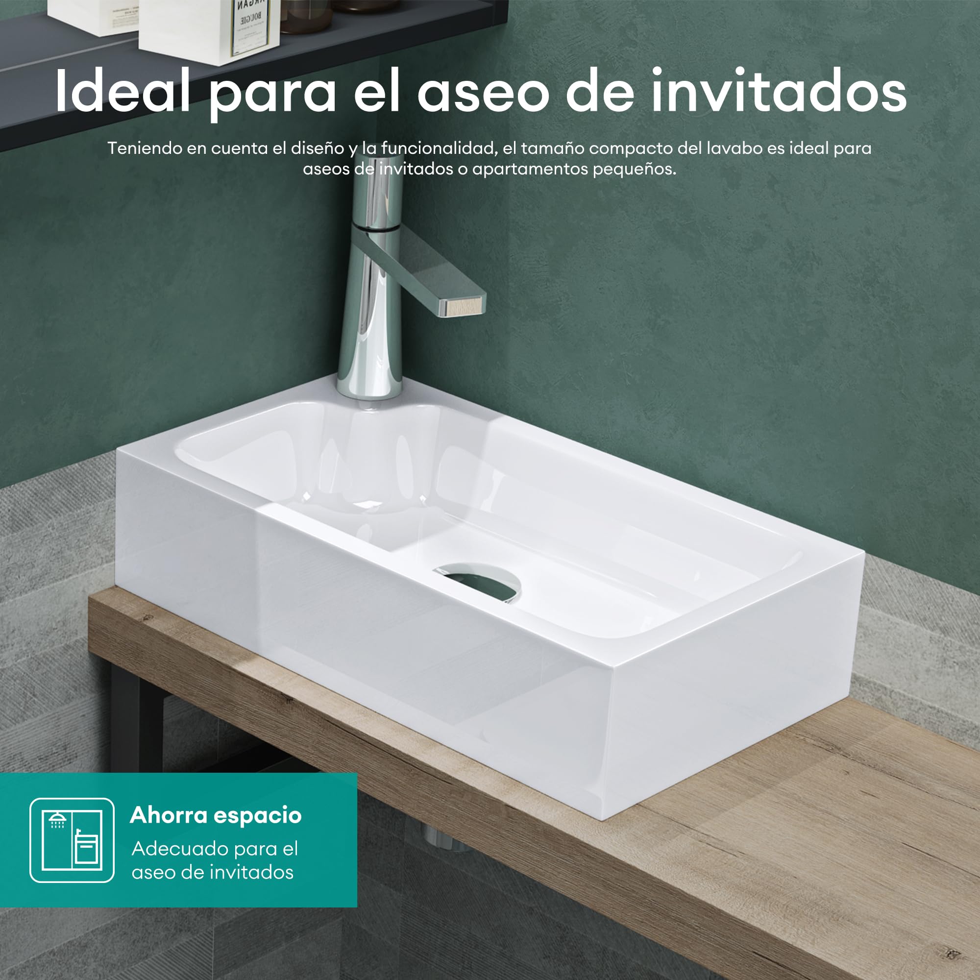 Mai & Mai Lavabo sobre Encimera 46x26x11 cm – Rectangular, Blanco Brillante, Mármol Fundido, Orificio Izquierdo para Grifo, sin Rebosadero, Colossum101