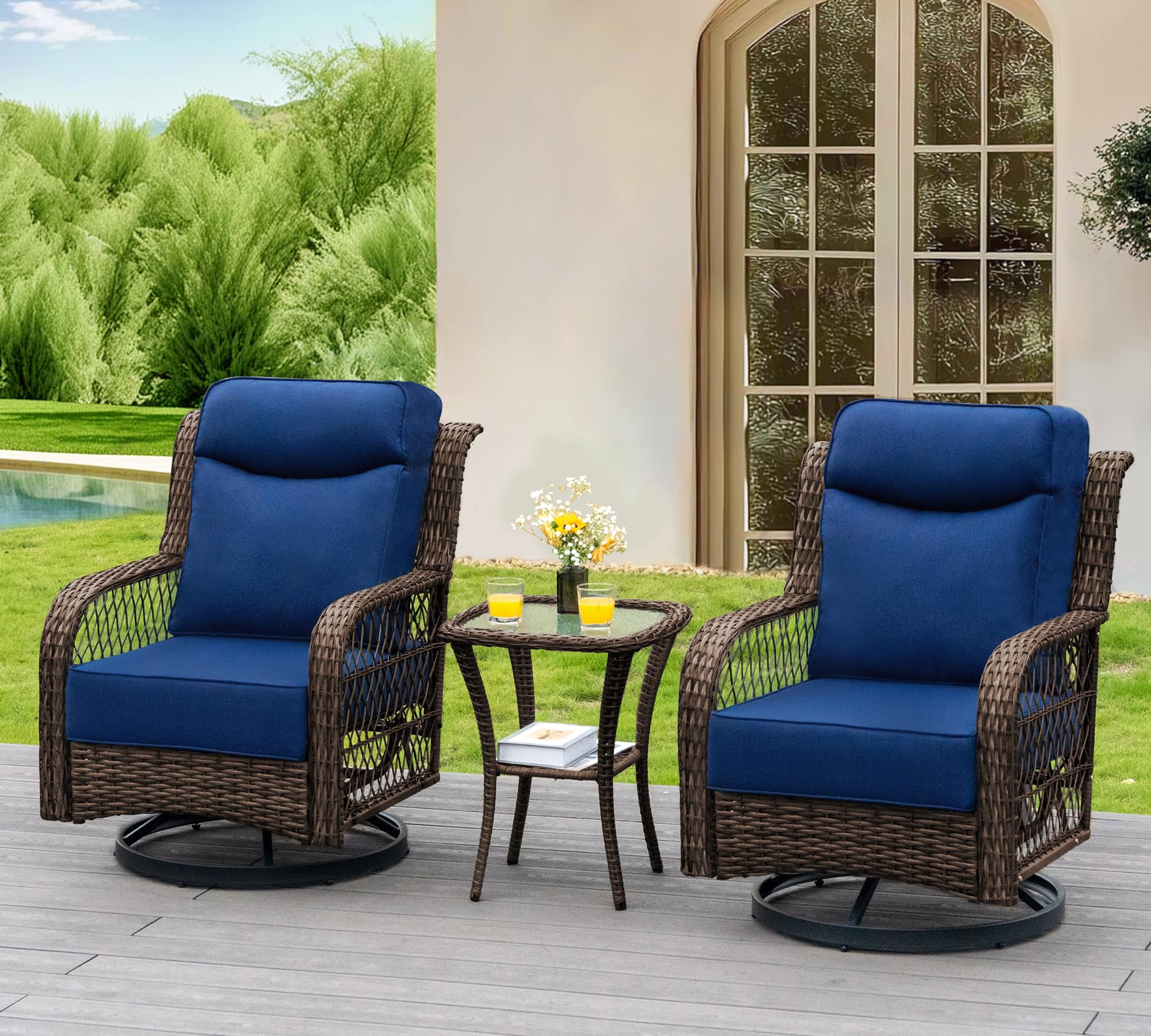 PIZZELLO Outdoor Rocking Chairs Set of 3 Wicker Swivel Chair Patio Furniture Set with Rattan Coffee Table, Gliding Bistro Sets for Outside Porch Deck,