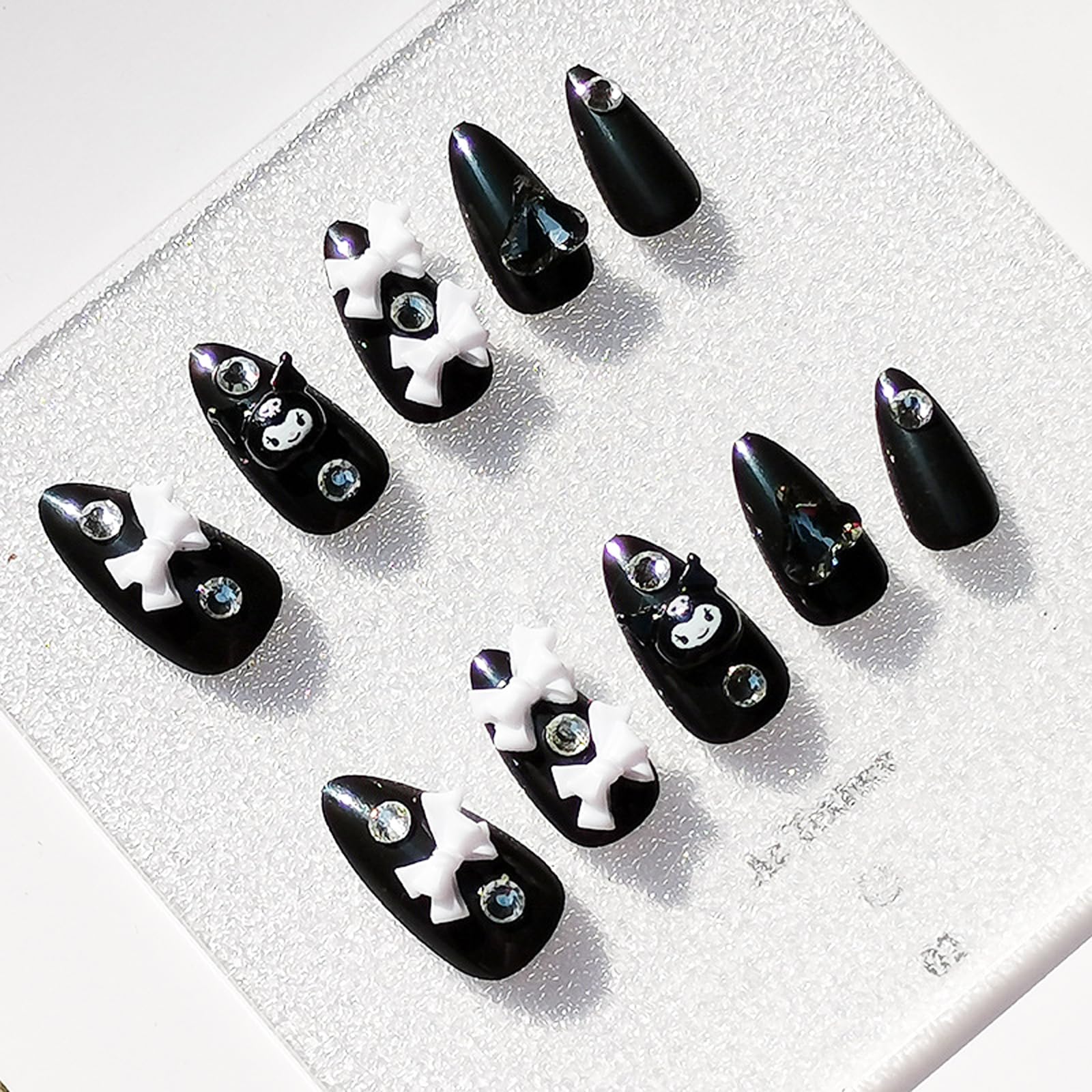 24 PCS Cute Extra Long Press on Nails Almond with Rhinestone hearts and Bow Knot, Kawaii Cartoon Animal Black False Nails with Glue, Reusable Press on Nails for Women and Girls