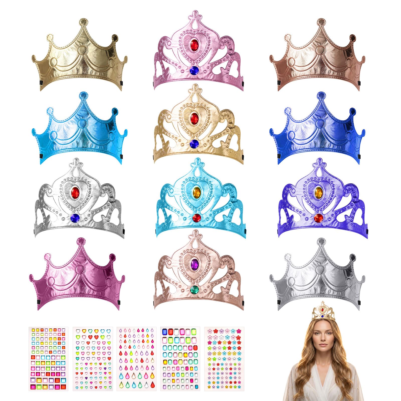 Oteovio 17 Pcs Paper Princess Crowns Set, Adjustable Princess Tiaras