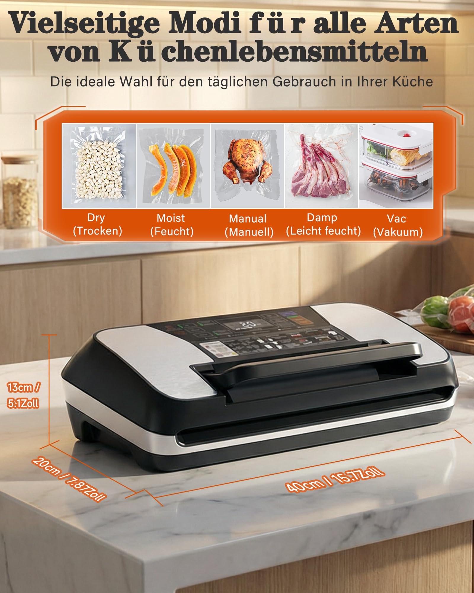Vakuumiergerät für Lebensmittel 95 kPa, 12-in-1 Vacuum Sealer mit doppelter Schweißnaht, Easy-Lock-System, integriertem Cutter, abnehmbarer Tropfschale für Frische und lange Lagerung