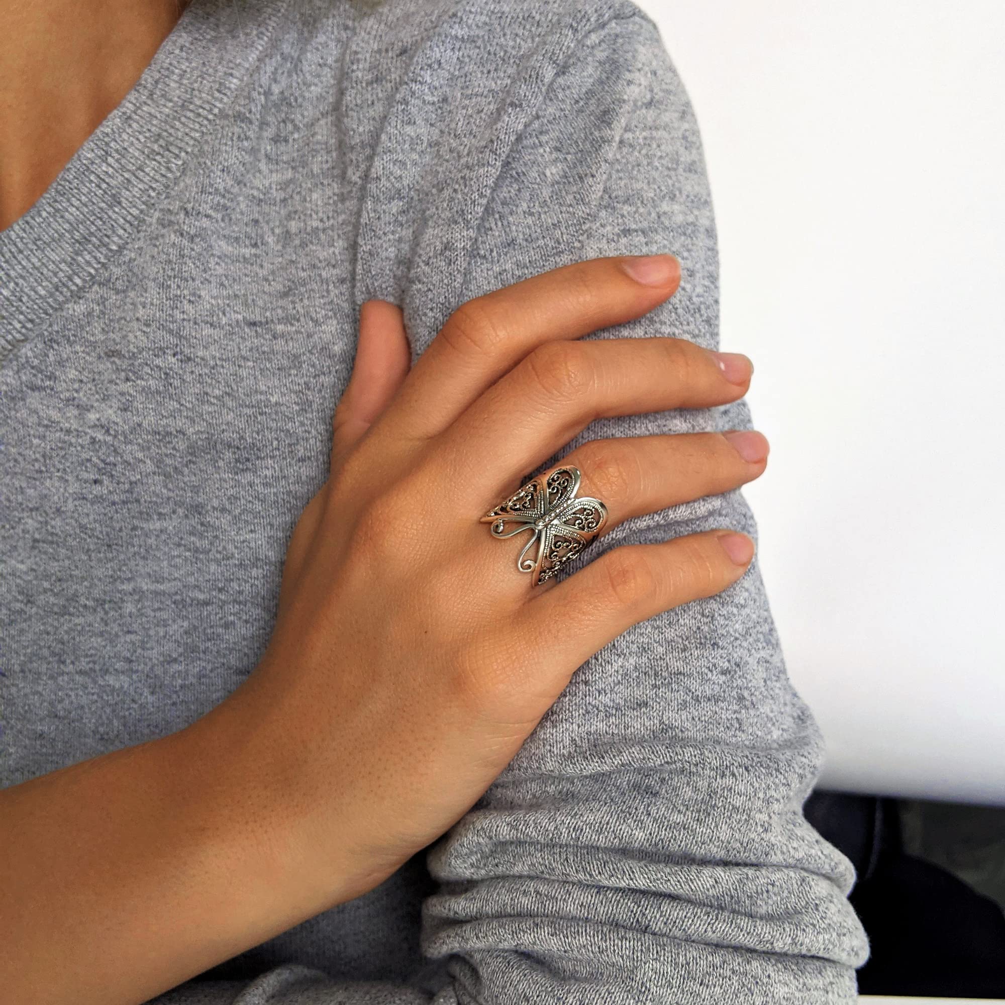 Silverly Anillo Ancho Plata de Ley Mariposa Filigrana | Anillos Plata 925 Pulgar Mujer | Joyas Dama Honor Estilo Vintage | Anillos Ornamentados Inspirados Naturaleza Ella | Regalo Hija