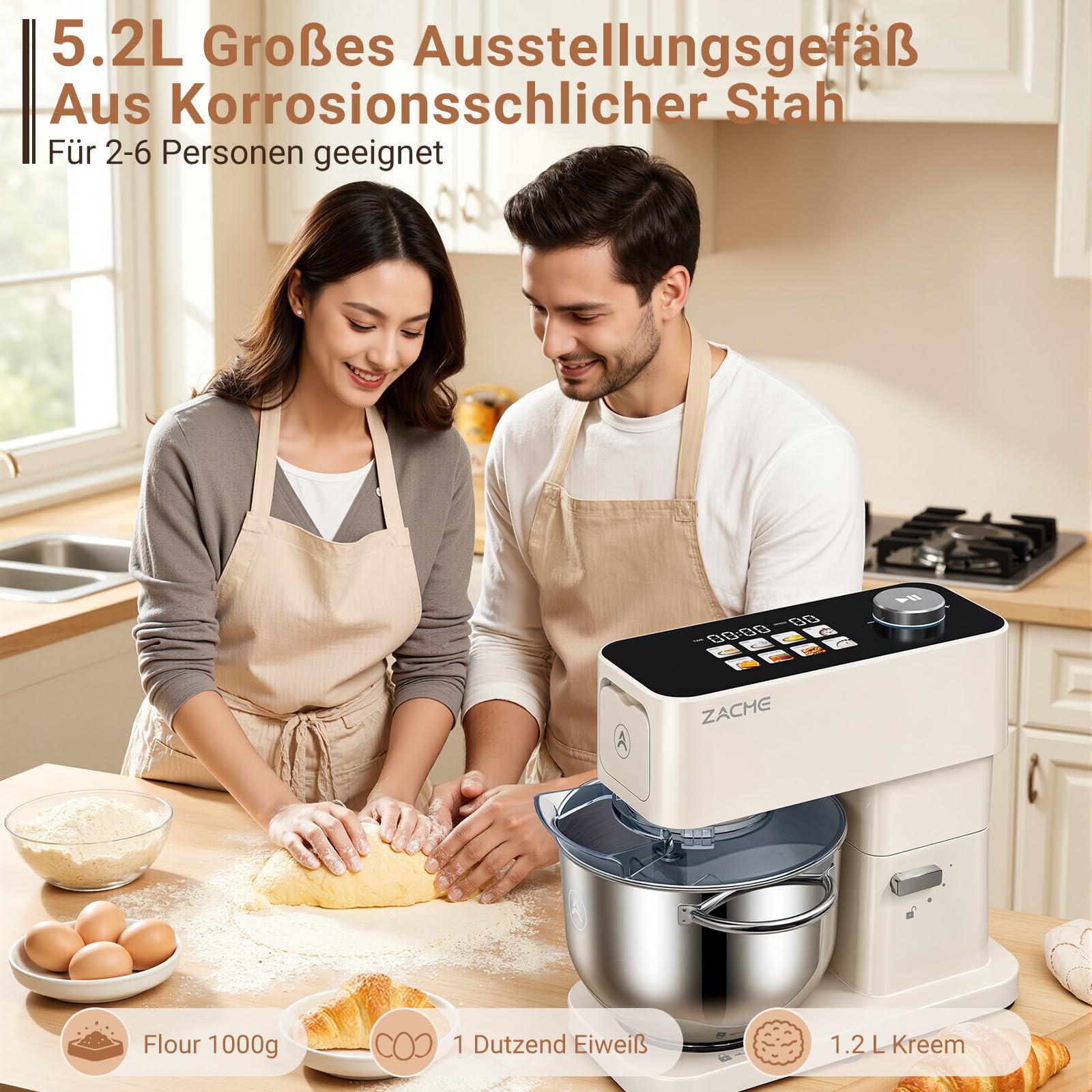 ZACME Robot de cocina de 1200 W, cuenco de acero inoxidable de 5,2 L, motor de CC silencioso, transmisión de 11 niveles, incluye 3 herramientas para mezclar (gancho para amasar, batidor, batidor