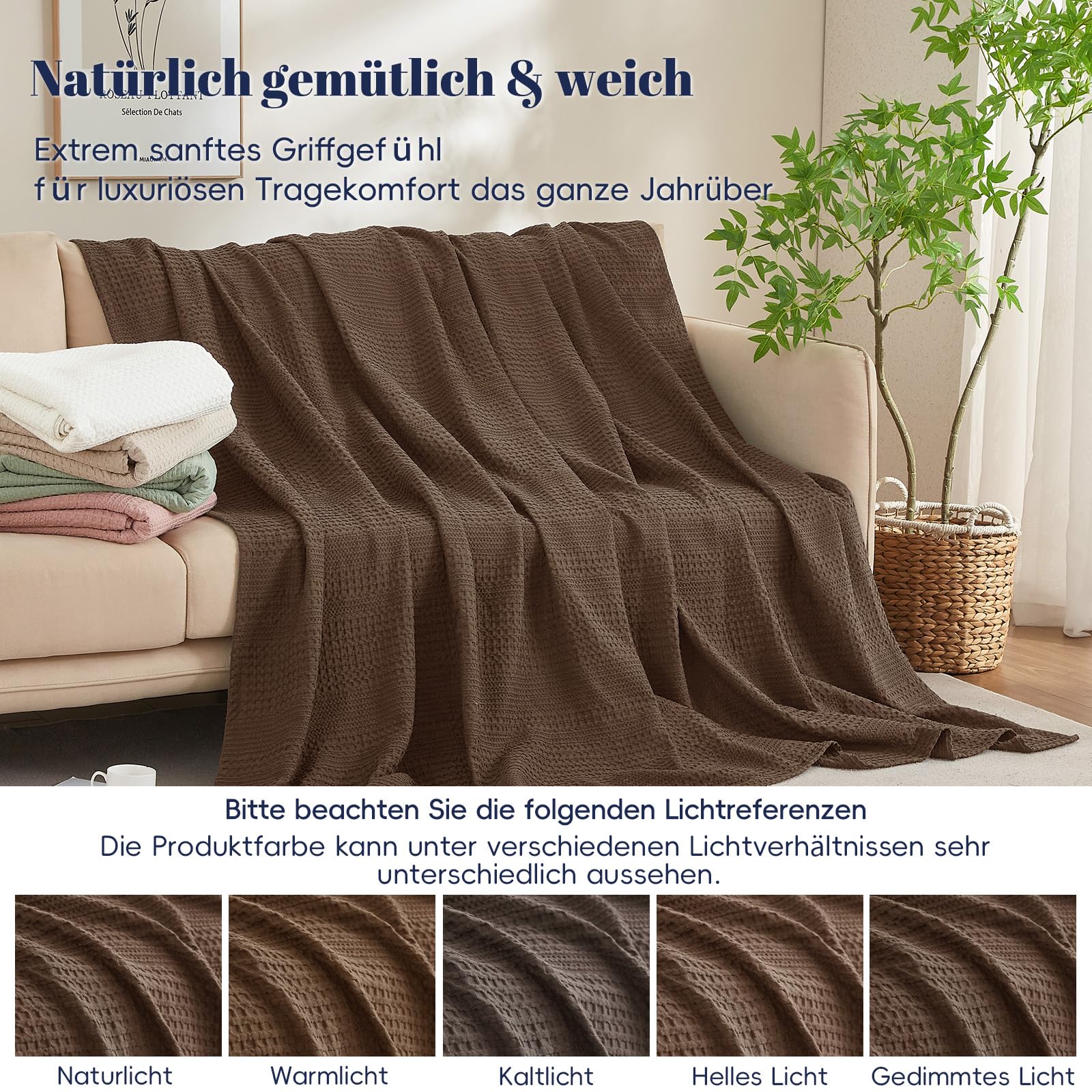 PHF Leichte Waffeldecke 220 x 240 cm, Atmungsaktive & Ultraweiche Kuscheldecke in Waffeloptik, Dünne Decke für Frühling & Sommer, Bett & Deko - Schokolade
