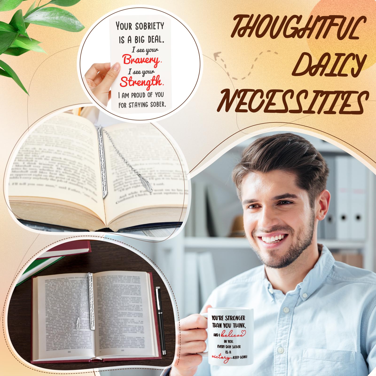 Marspark 7 Pcs Sobriety Gifts for Men Women Addiction Recovery Sober Anniversary Present Set Gifts Include Notebook Pen Candle Mug Keychain Greeting Card Bookmark