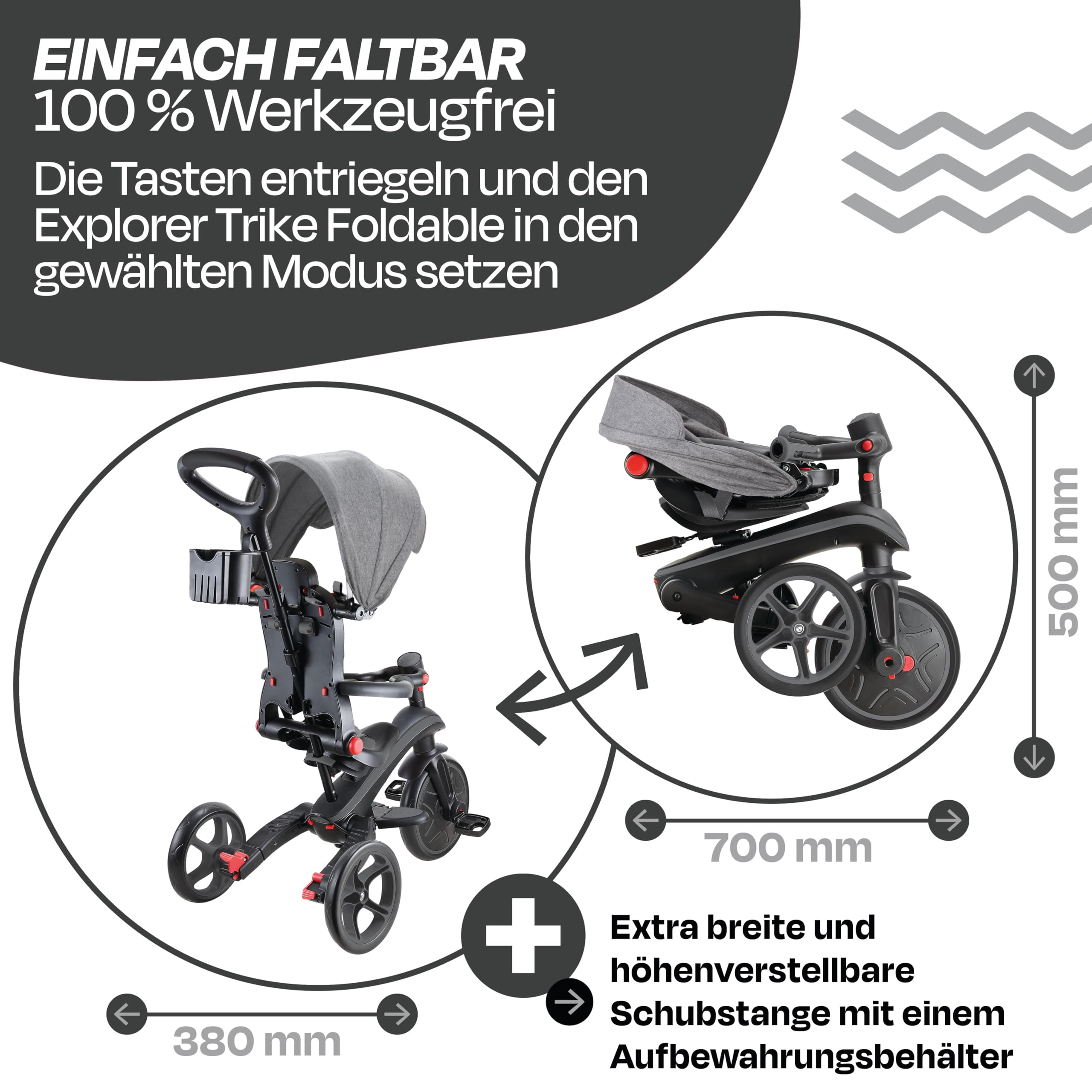 GLOBBER Explorer Trike Foldable 4in1 schwarz-grau – Dreirad, Laufrad und Kinderwagen in 10/8,5 Zoll – TPR-Sitz – höhenverstellbares Kinderfahrzeug