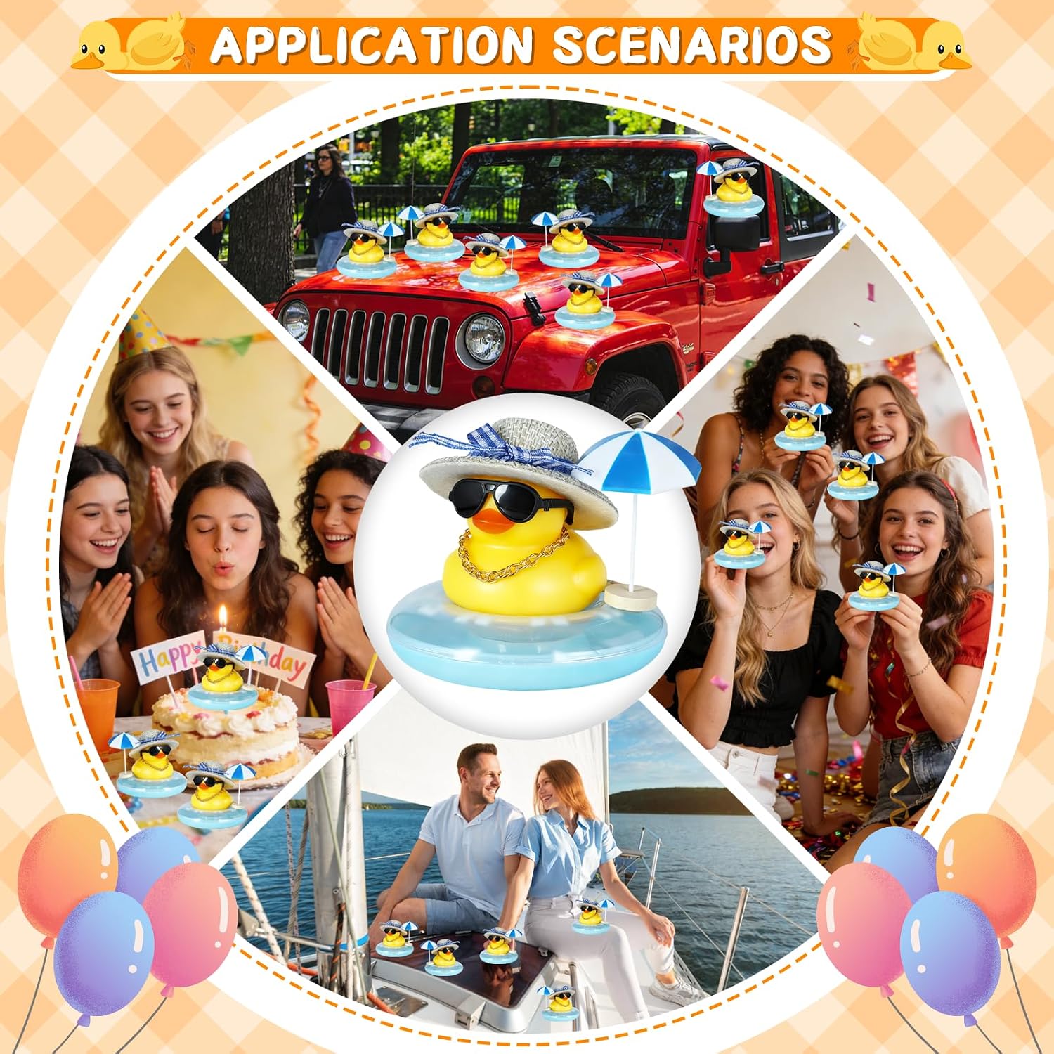 Funny Fashionable Rubber Duck Car Ornament with Blue Bow Straw Hat, Necklace, Black Sunglasses, Blue Umbrella & Blue Swim Ring - Yellow Duck Decoration Dashboard for Car, Home, and Office