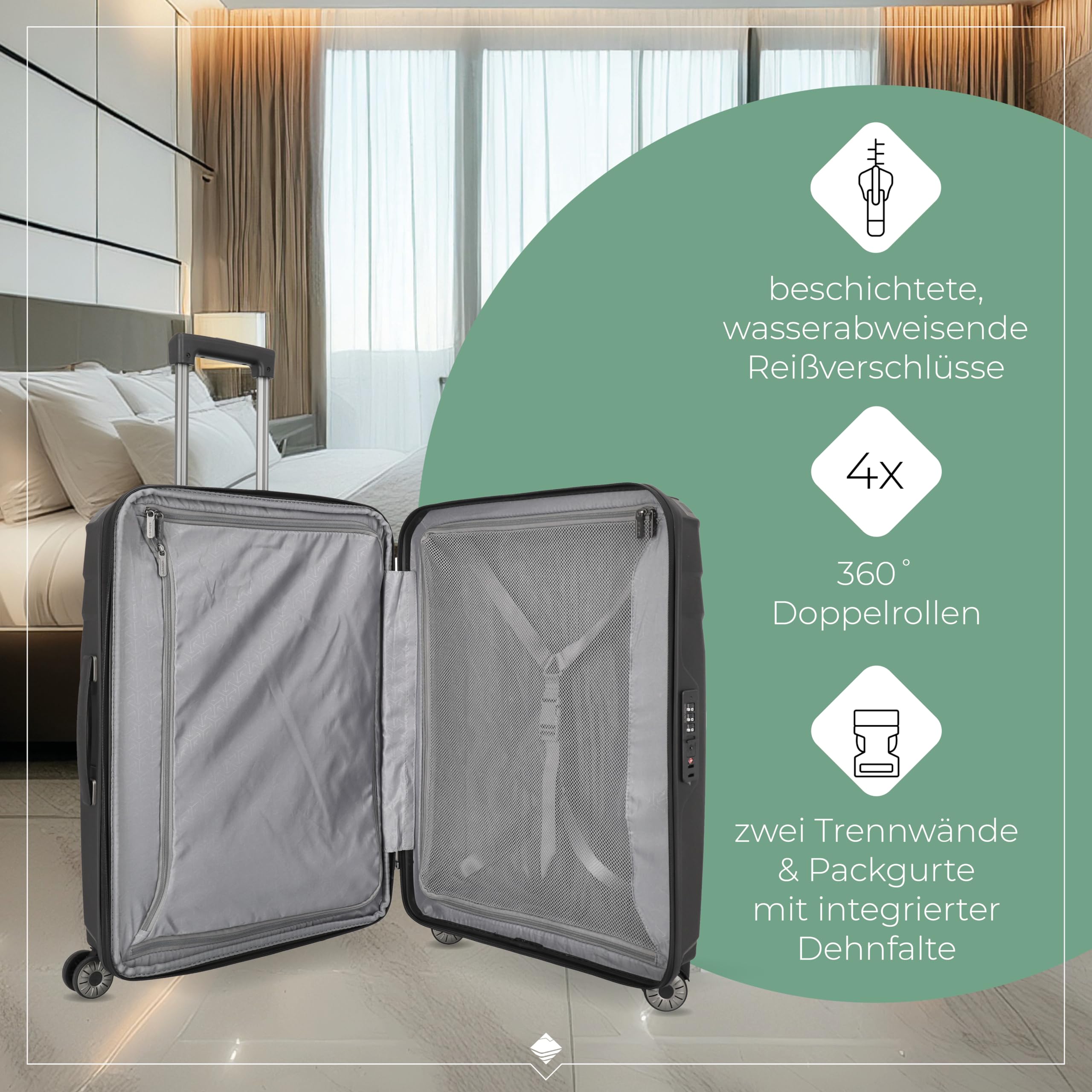 Travelite 4-Rad Hartschalen Koffer mittel mit recyceltem Innenfutter, Gepäck Serie ELVAA: Stylischer Trolley mit Dehnfalte, Schutzecken + TSA Schloss, 66 cm, 72-77 Liter
