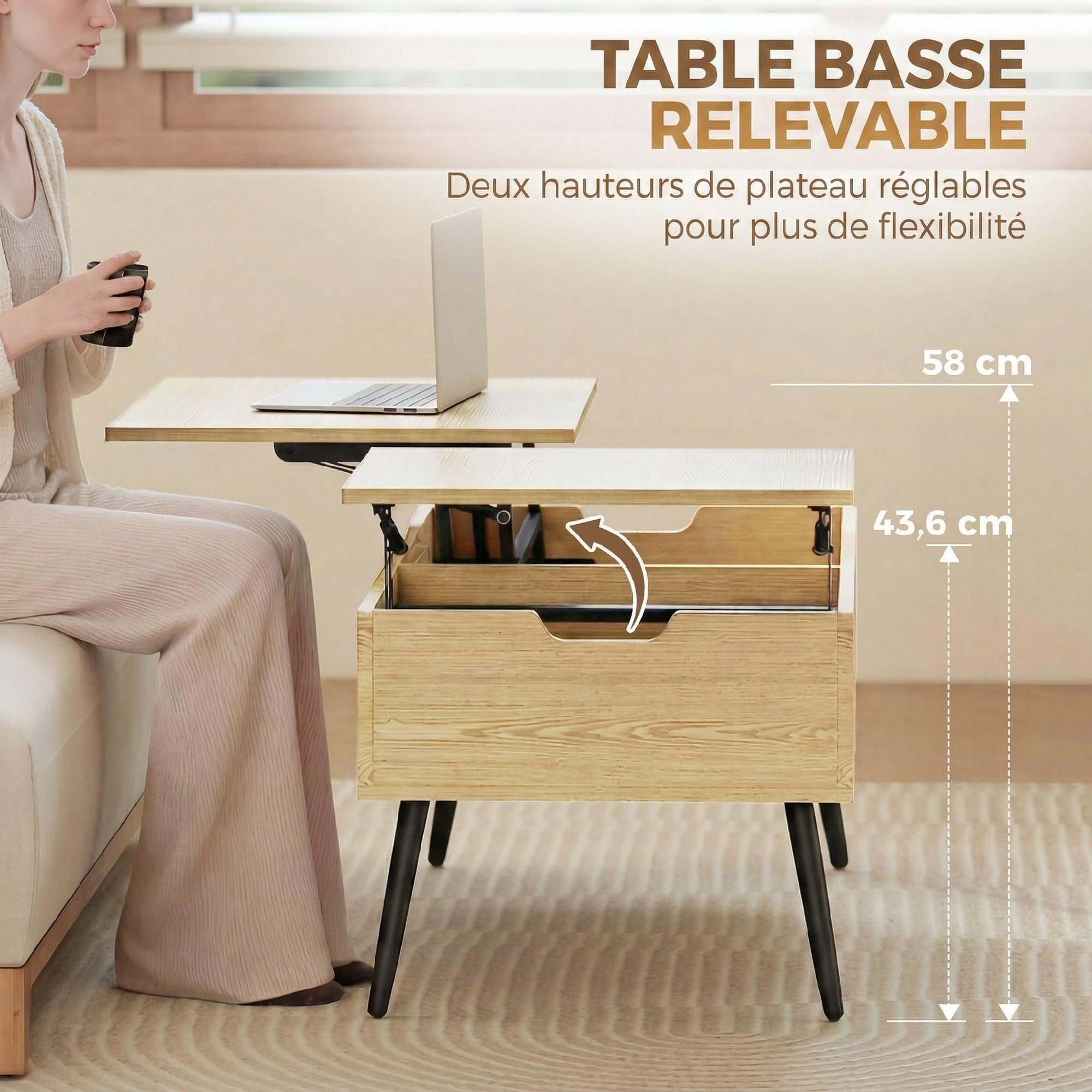 HOMCOM Table Basse Relevable avec Double Plateau 100x50x58 cm Bois Naturel