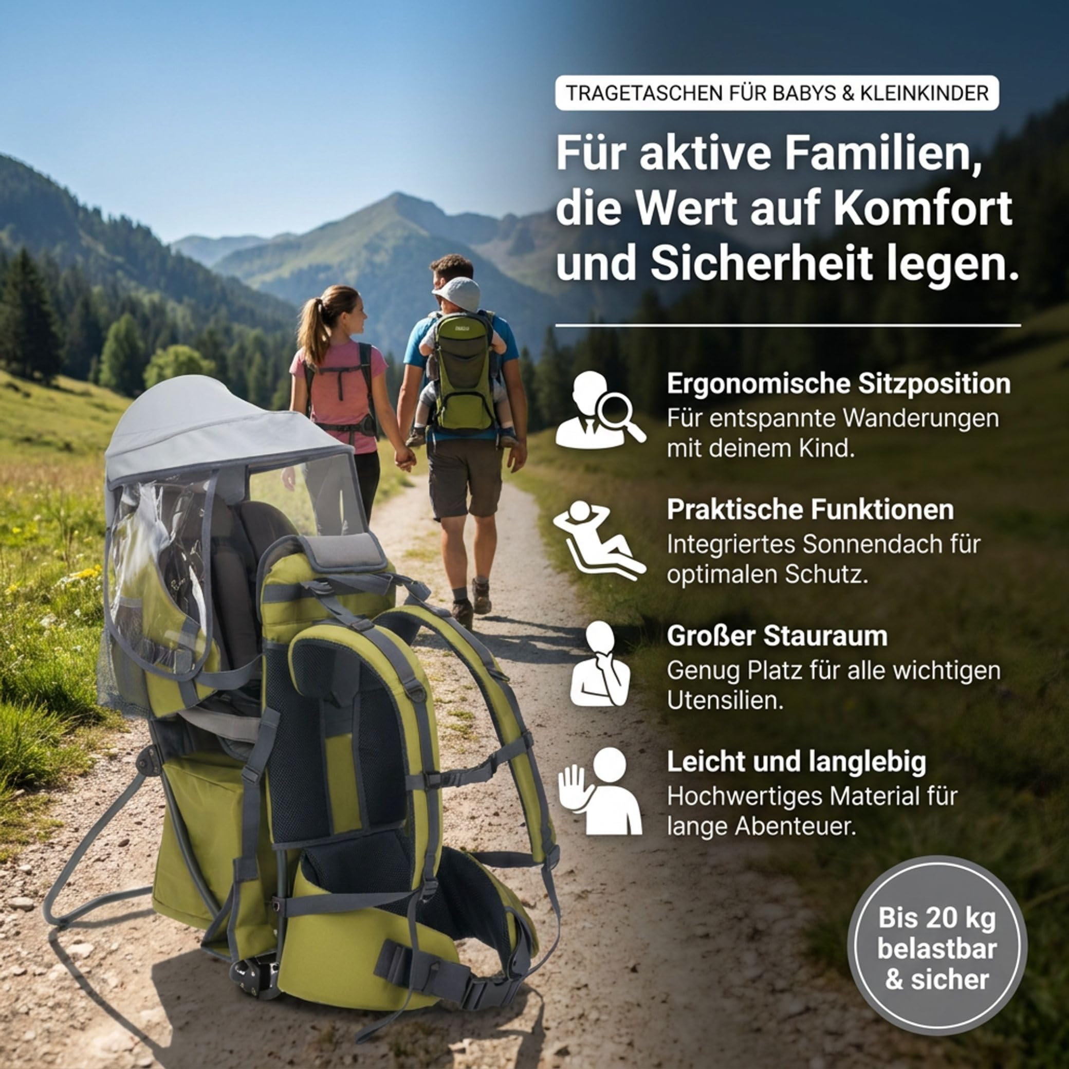 Fillikid Explorer Elite Exklusiv Kindertrage für Wandern & Reise Babytragerucksack mit Sonnenschutz bis 20 kg