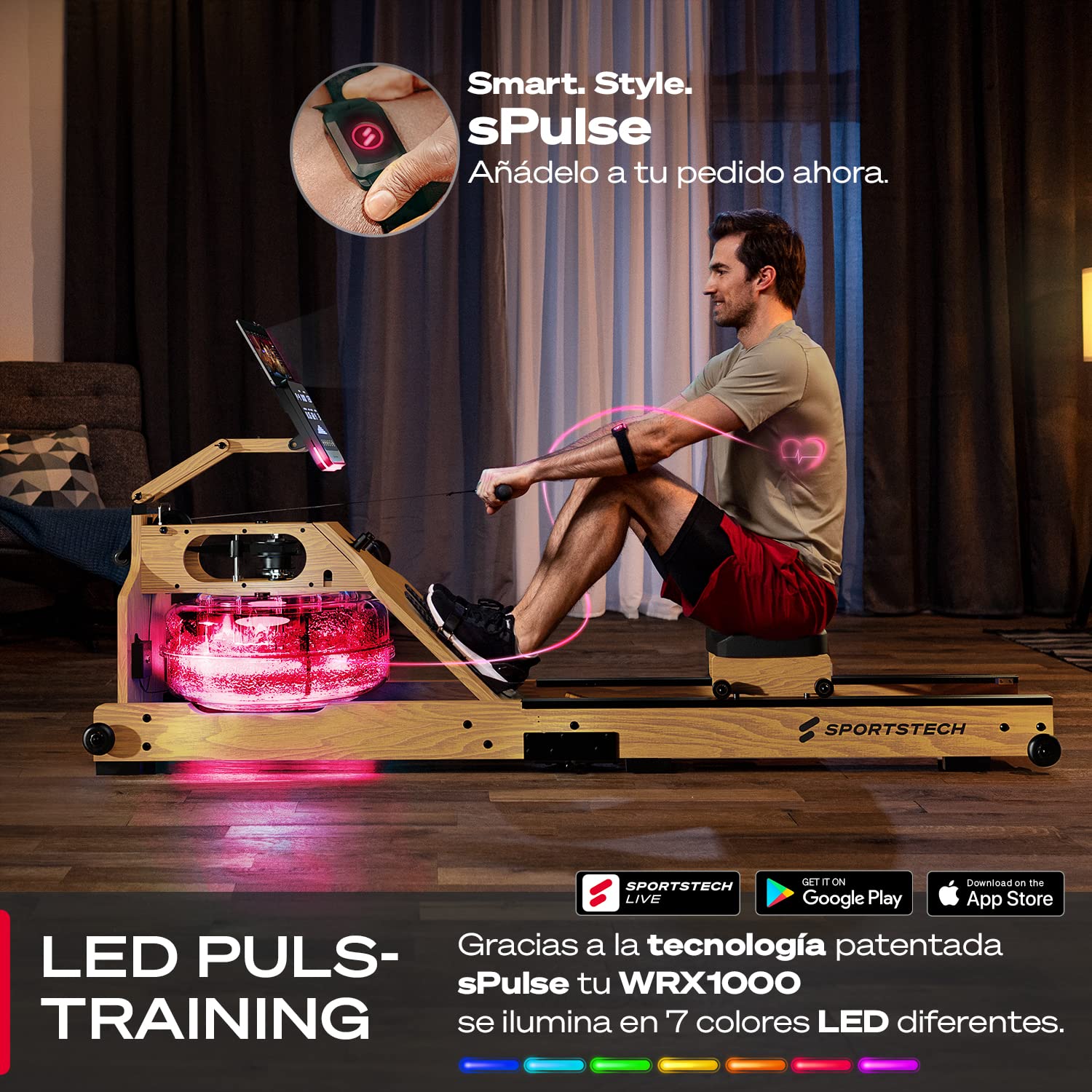Sportstech - WRX1000 Agua Maquina de Remo, Premium Maquina de Remo para Casa, Plegable Maquina Remo con Tecnología Pulse Depósito de Agua LED de 7 Zonas y Pantalla LCD