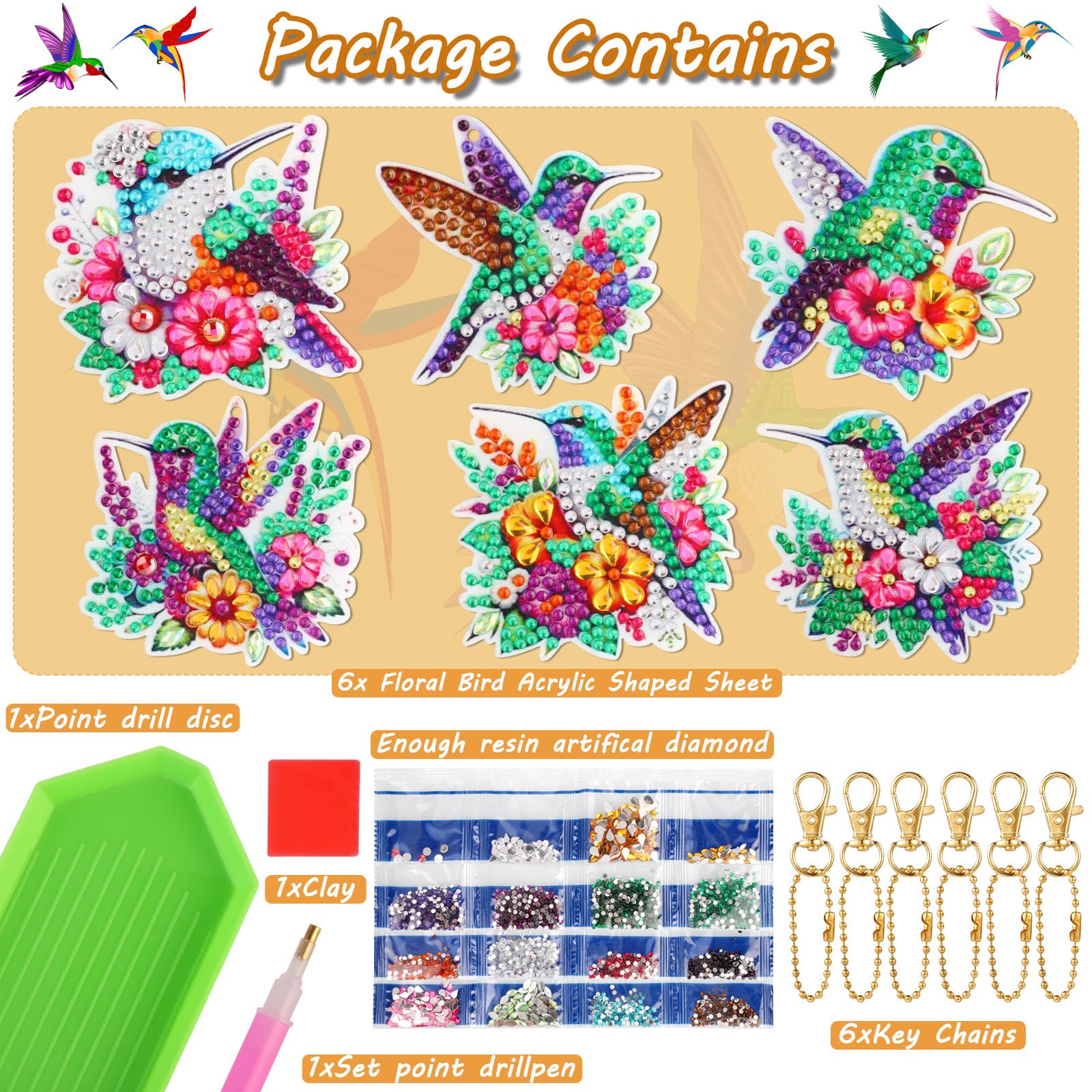Key Chain Kit 6 Pcs 5D Feather Diamond Art Painting Keychains, Double Sided Full Drill Diamond Pasted Painting Kit Diy Diamond Art Hanging Pendant Mosaic Painting K Diamond Art Key Chains