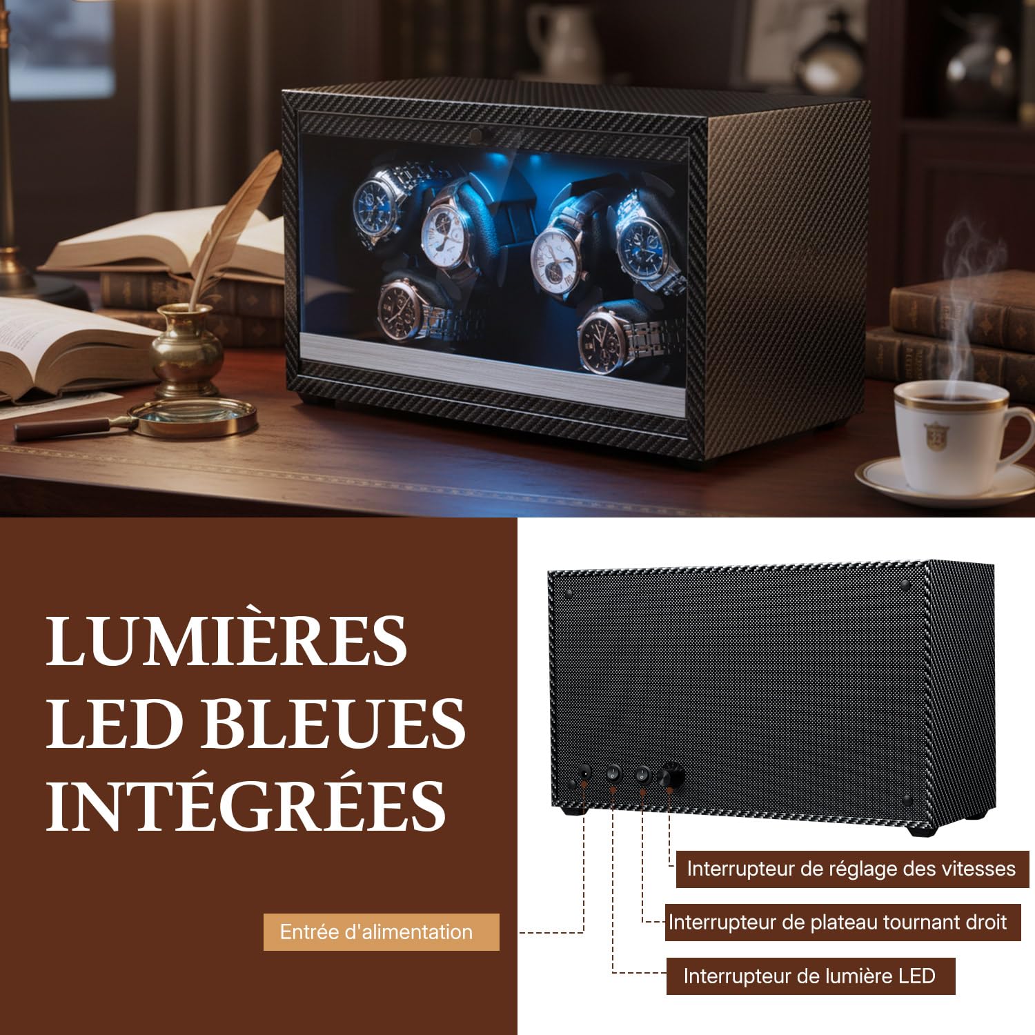 Mcbazel Remontoir Automatique pour 6 Montres, Moteur Ultra Silencieux avec Lumière LED, Boîte de Présentation avec 4 Modes de Rotation, Alimenté par USB