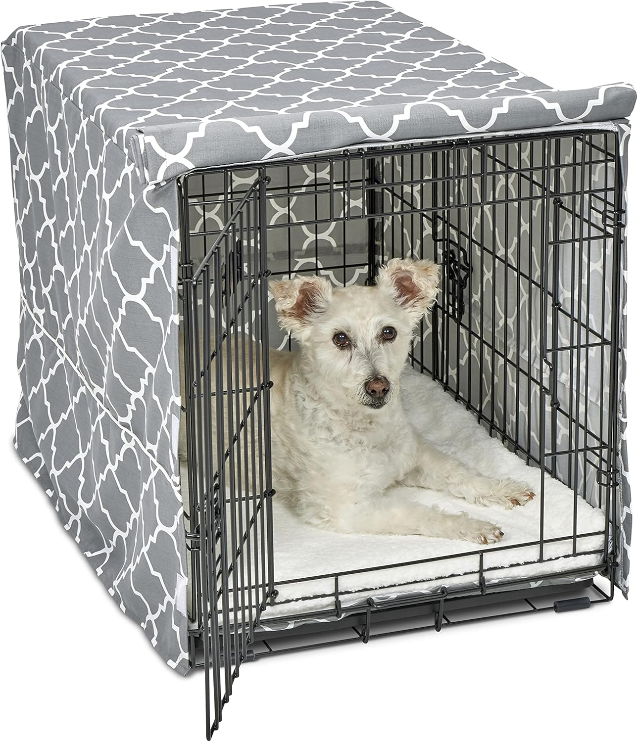 MidWest Homes for Pets Large Dog Crate Cover Featuring Teflon Fabric Protector, Poly-Cotton Privacy Kennel Cover Fits Most 42-inch Crates, Gray Designer Print, Machine Washable, Reduces Barking