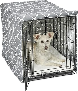 New World Medium Dog Crate Cover Featuring Teflon Fabric Protector, Poly-Cotton Privacy Kennel Cover Fits Most 30-inch Crates, Gray Designer Print, Machine Washable, Reduces Barking