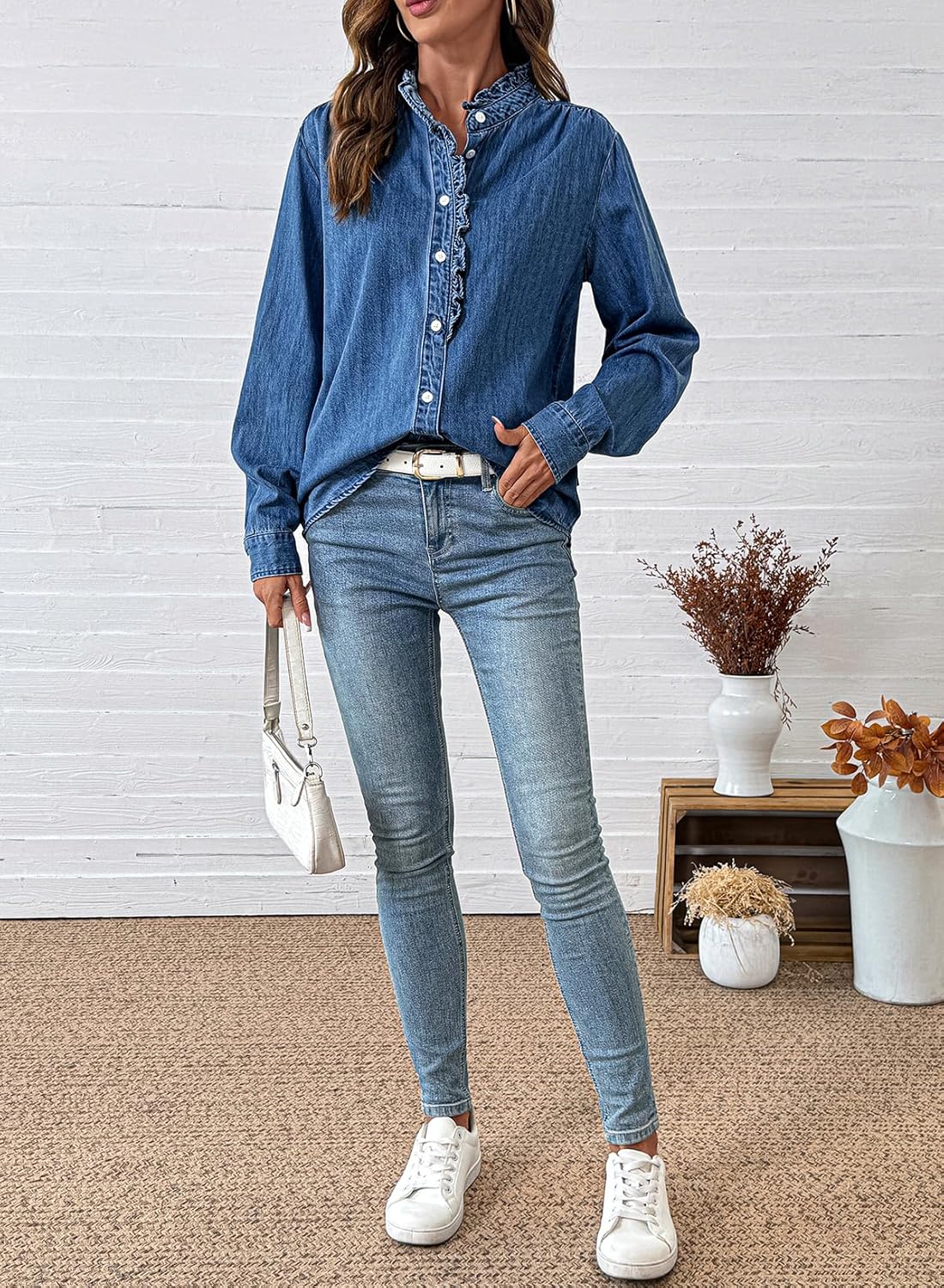 Sidefeel Womens Denim Shirt Button Down Long Sleeve Ruffled Edge Jean Blouses Tops - Image 6