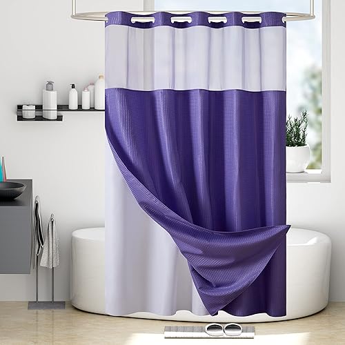 Miniatura 20 de Furlinic Cortina de ducha extra larga con tejido de gofre sin gancho con forro a presión, cortinas de baño de tela texturizada resistente
