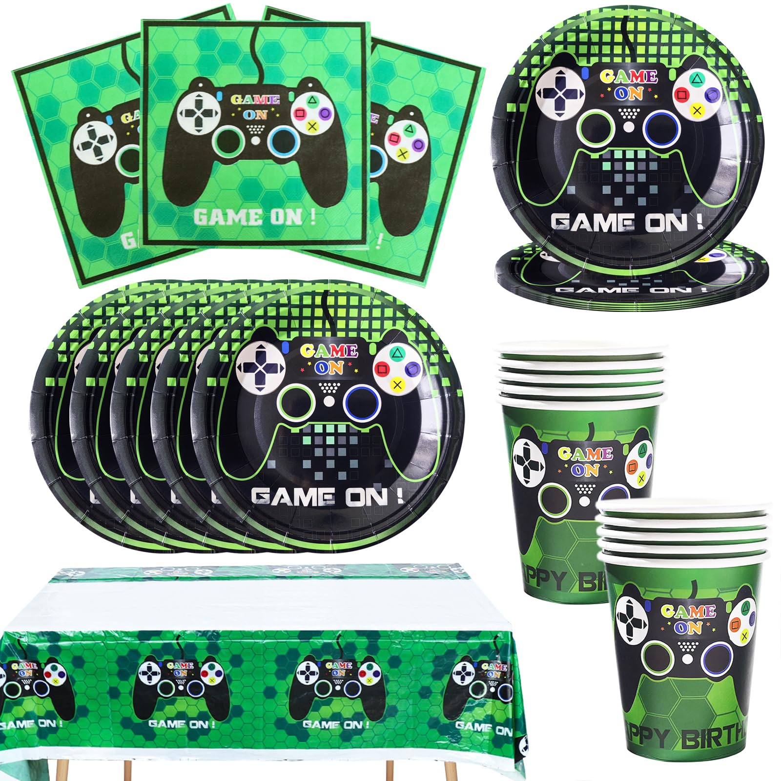 Bikasun Video Game Party Tableware Set for Boy Gaming Birthday Decorations, Gaming Controller Player Paper Plates Cups Napkins Tablecloth for 10 Guests, Party Supplies for Kids, Green