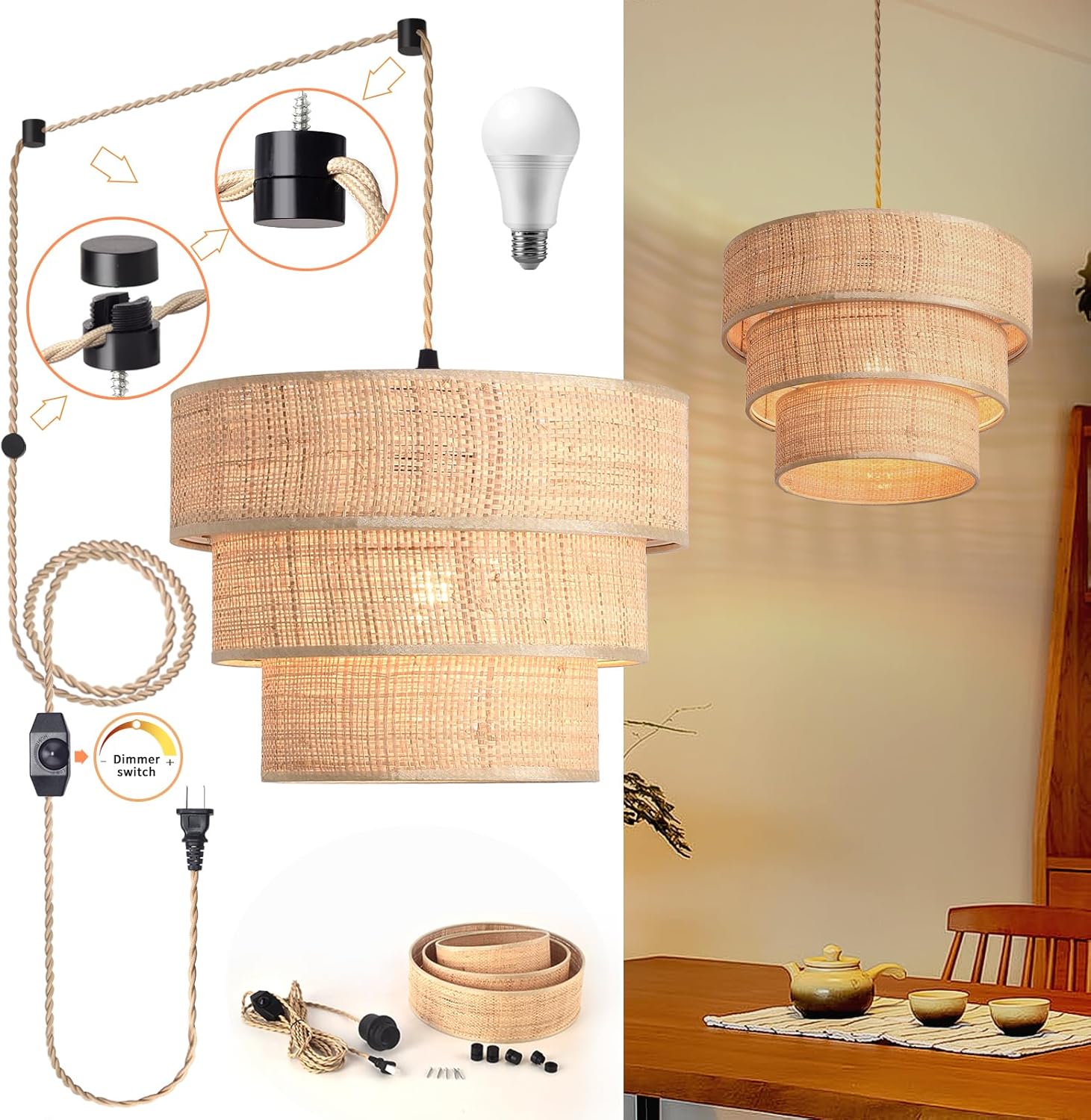 Rattan Plug in Pendant Light, 3 Tier Plug in Chandelier with Boho Wicker Lampshape Hanging Lamp, Hanging Lights with Plug in Cord for Living Room Bedroom Dinning Island,16.4ft Cord