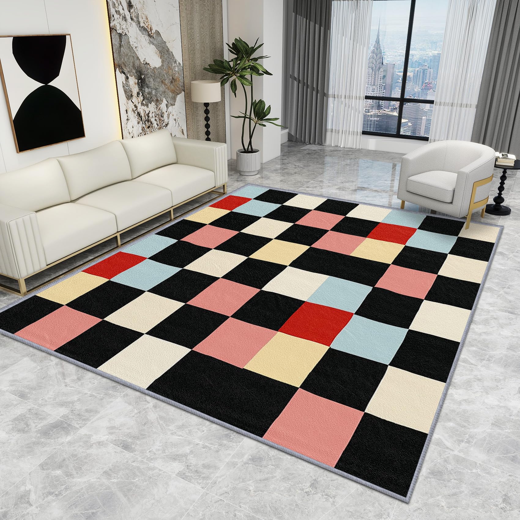 Living Room Checkered Rug - Multicolour Plaid Retro Check, Colourful Vintage Carpet, Washable Non Slip Low Pile Soft Small Area Rug, Home Decor Gift, 50 X 80 cm