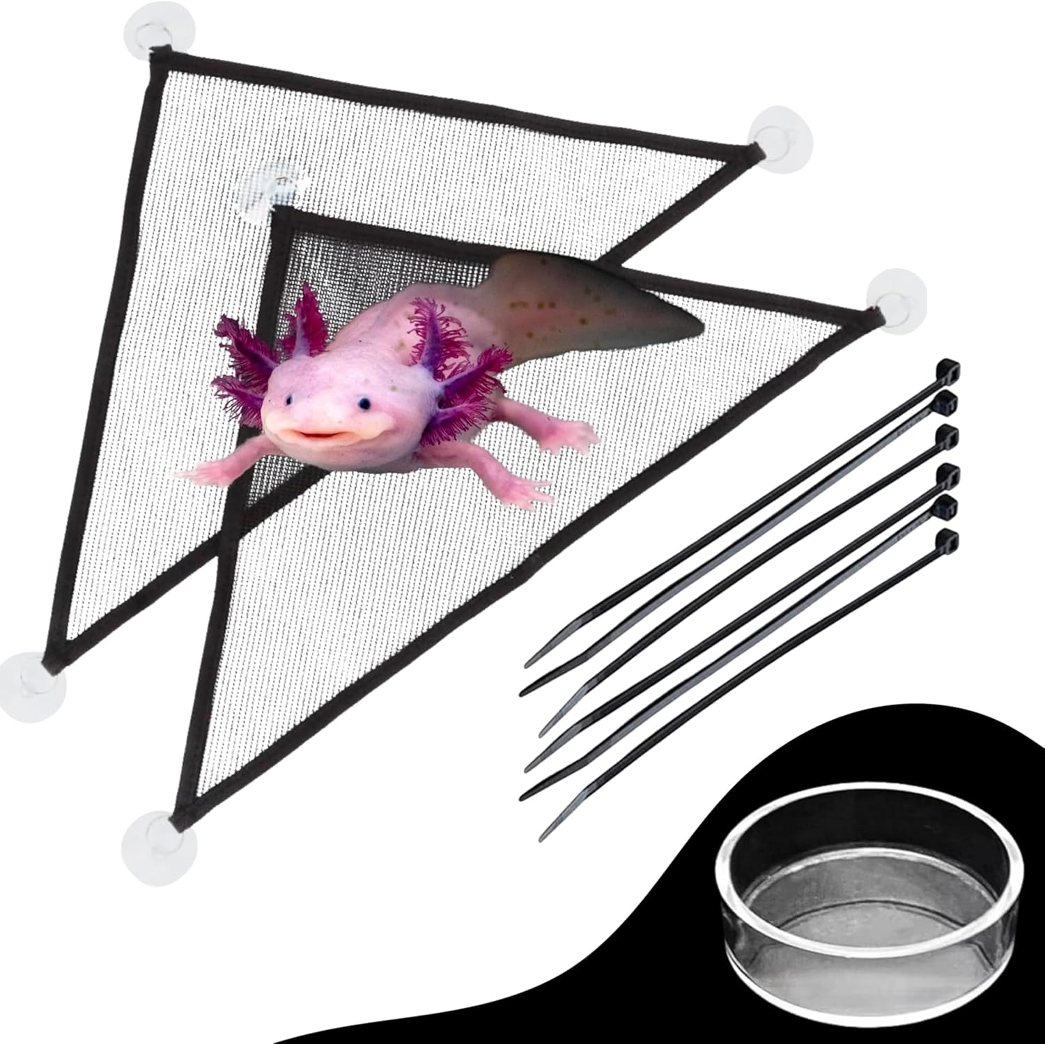 Axolotl Hammock for Aquarium with Feeding Dish, Axolotl Hammock with Food Bowl Tray Feeder, Breathable Mesh Reptile Hammocks Lounger Ladder, Bearded Dragon Tank Accessories (Black, M)