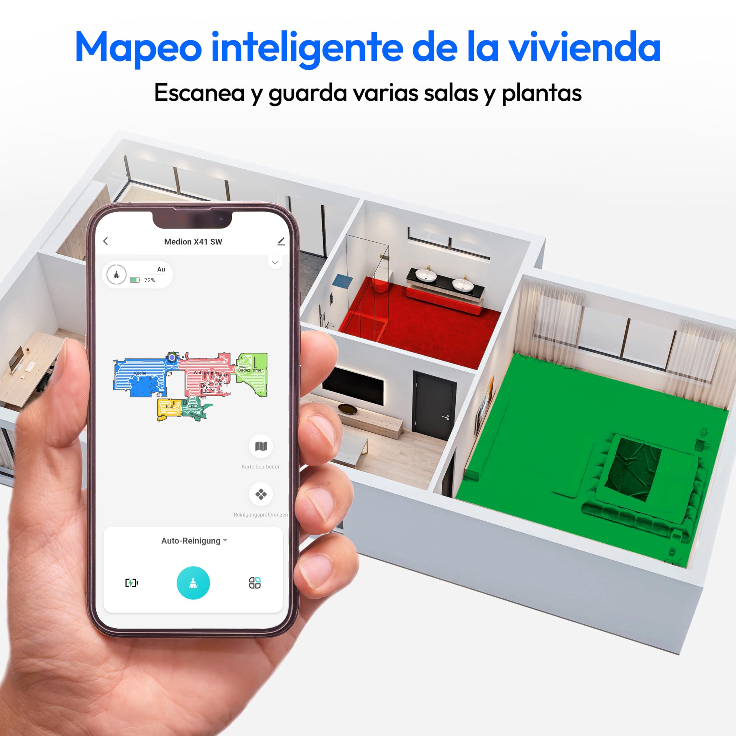 MEDION Robot Aspirador con navegación láser y función de Limpieza X41 SW (Potente Potencia de aspiración de 8000Pa, Robot Aspirador 2en1, mapeo preciso, Zonas Go & No Go, múltiples Suelos)