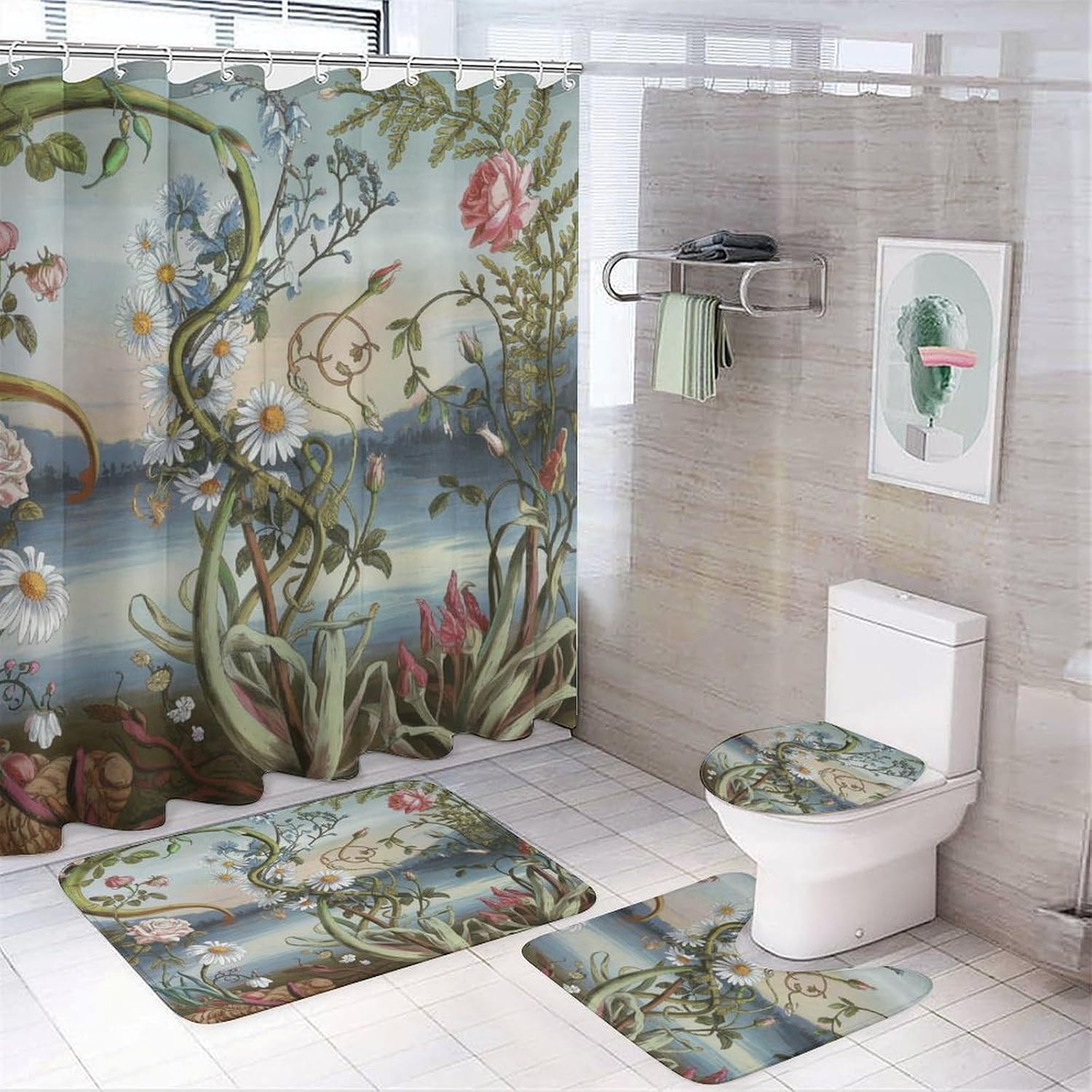 Bathroom Mat Set, Spring Pattern Printed on Bathroom Accessories Sets Complete, Ideal for Apartment RV College Dorm, 72 x 72 inches