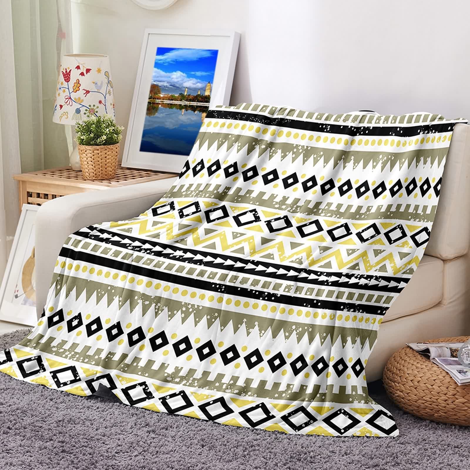 Couverture polaire en flannel KnSam au motif ethnique noir jaune et blanc 100x150