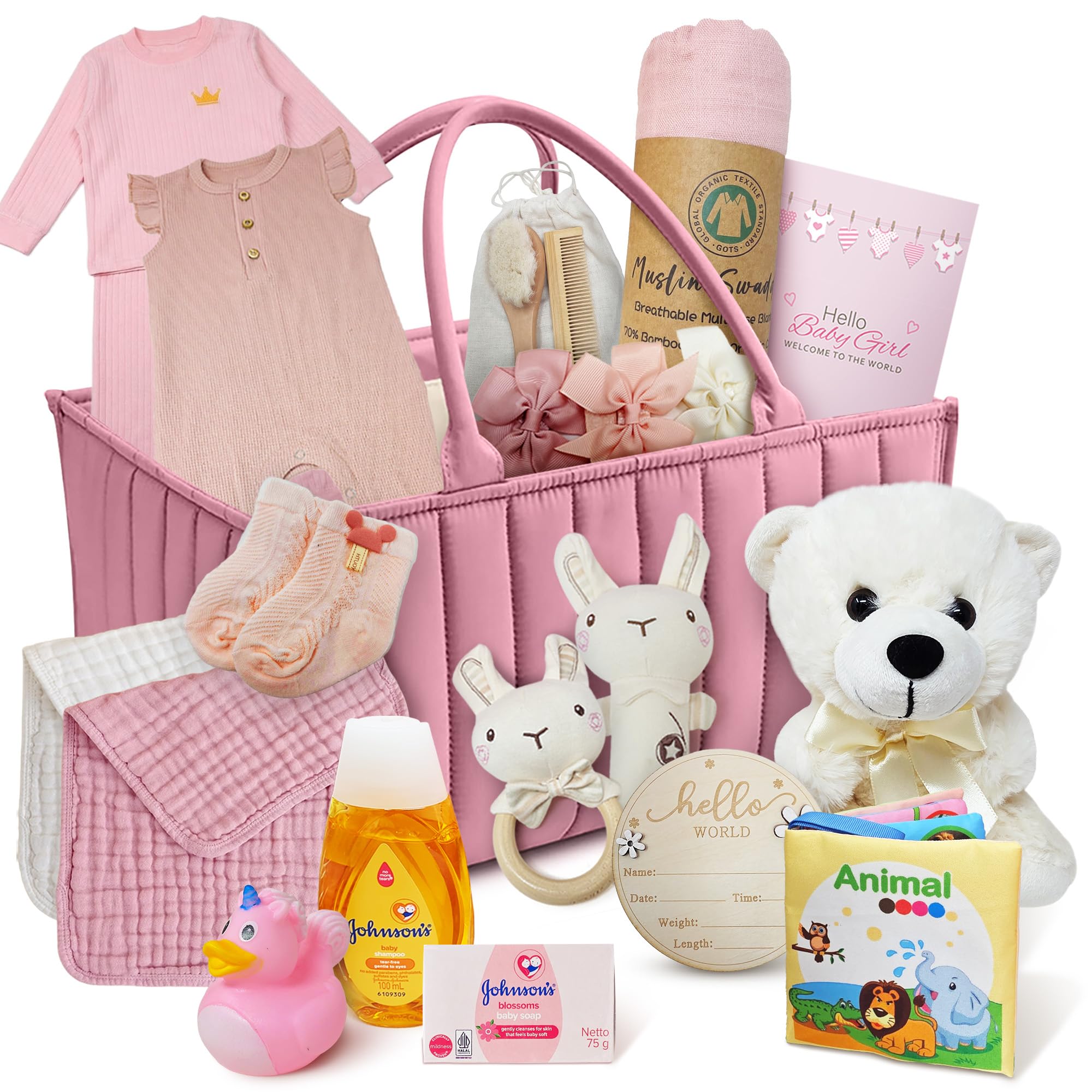 Premium New Baby Girl Gift Basket Newborn Essentials Care Package in Diaper Caddy Organizer Elephant Plush Toy Baby
