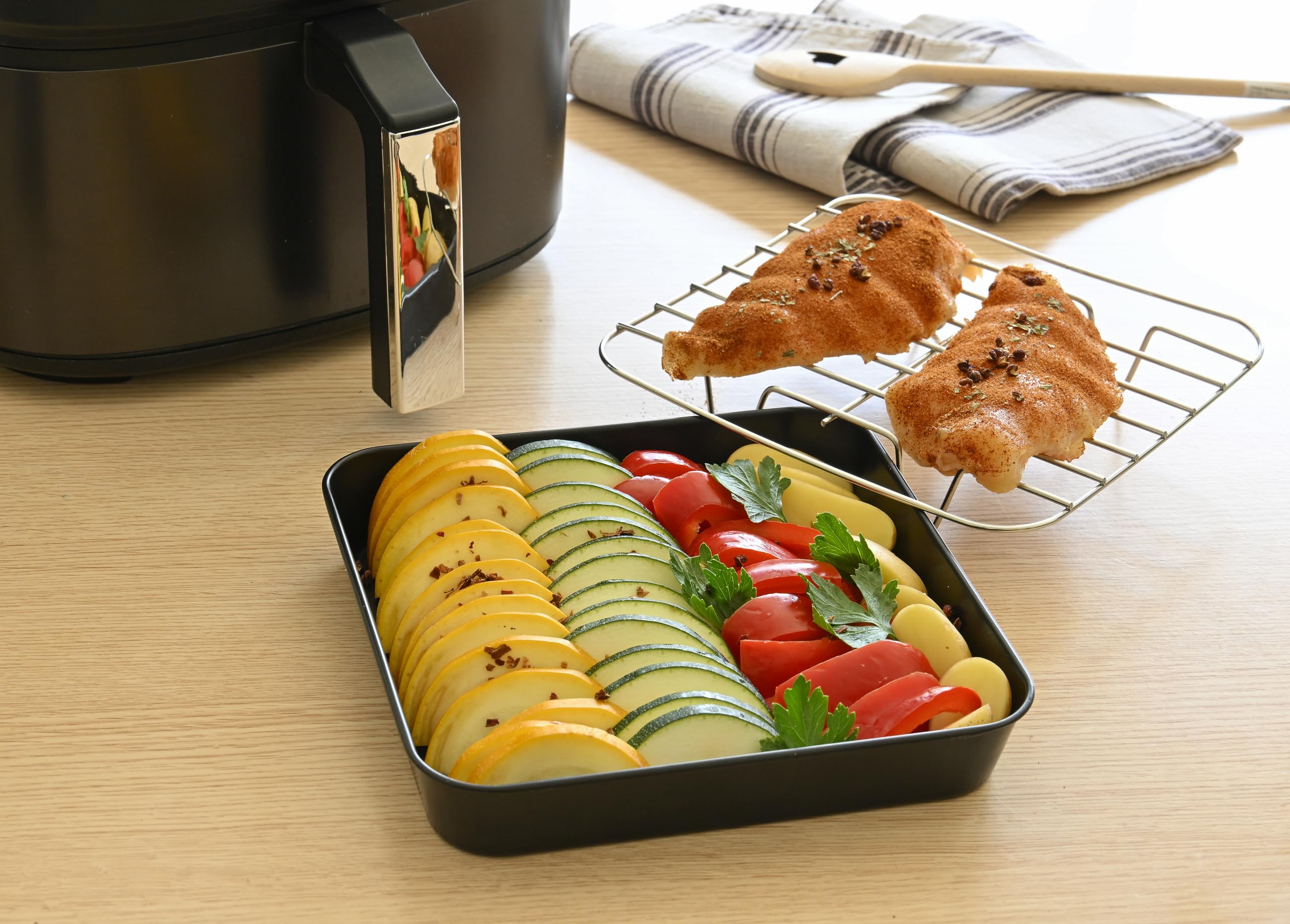 patisse 72855 - Set stampo quadrato in acciaio rivestito senza PFAS, 20 cm + griglia di cottura in acciaio inox 20 cm per friggitrice ad aria calda aria friggitrice XL e XXL, nero
