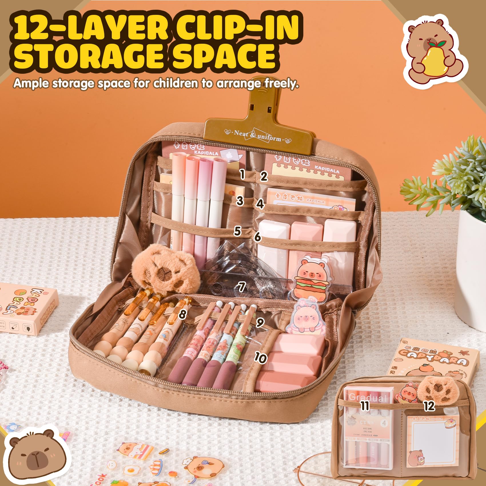 Capybara Schreibwaren Set, Capybara Federmäppchen mit Fächern, Süßes Capybara Mäppchen Geschenkset für Kinder & Schüler, Inkl. Stifte, Clips, Linealen und Mehr, für Schule, Büro, Kunst
