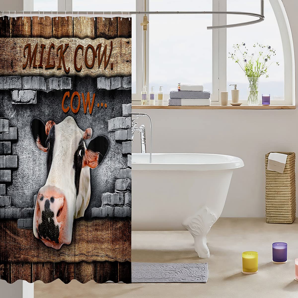Divertente Get Nudo Tenda Doccia Farmhouse Animal Highland Mucca in Vasca da Bagno Grigio Tessuto Bianco 70wx70h