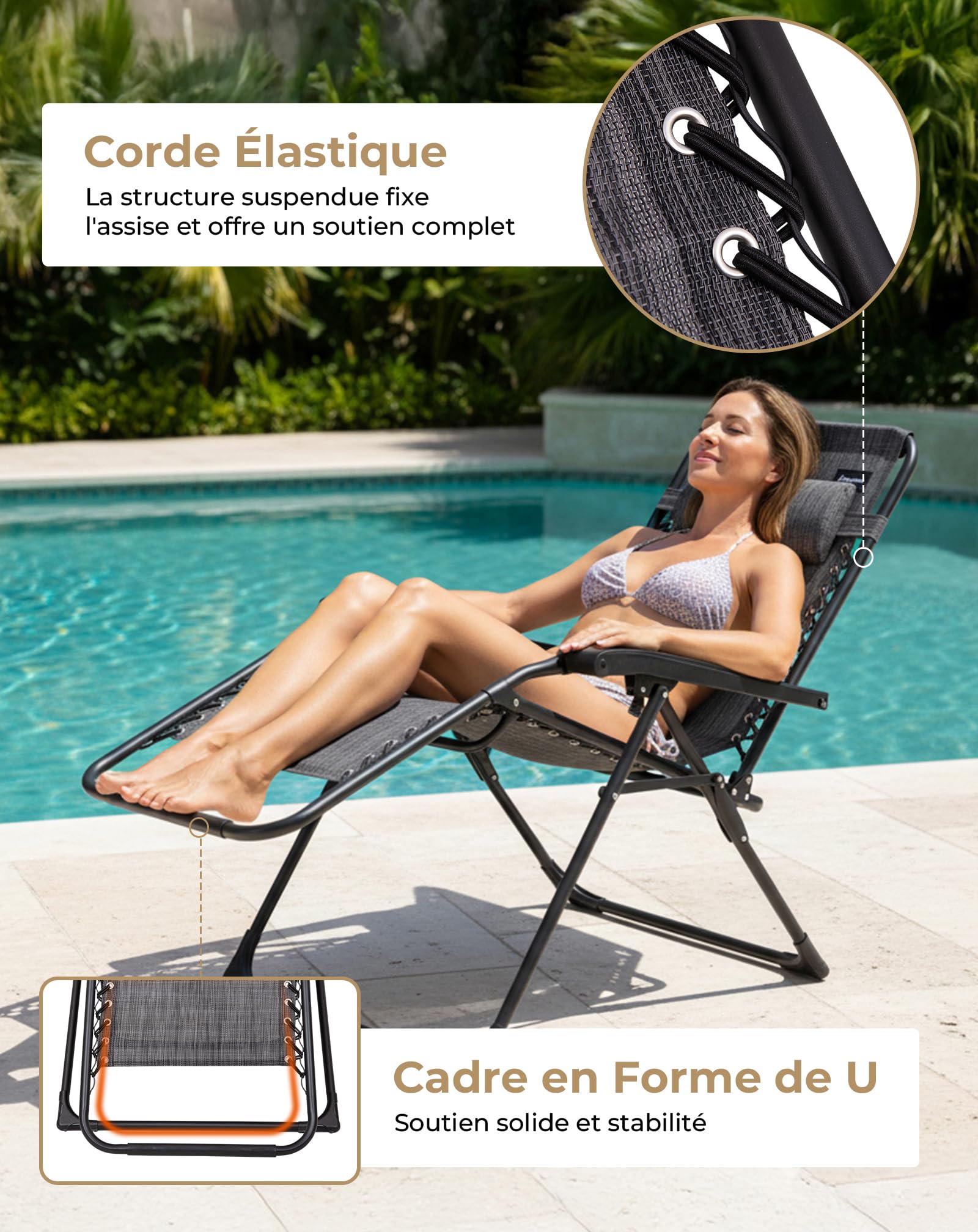 KingCamp Chaise Longue Gravité Zéro Inclinable, Jusqu'à 180 kg, Lot de 2 | Fauteuil Relax avec Appui-tête, Transat Longue de Jardin Réglable 90-130°, Textilène et Acier, pour Piscine Camping Jardin