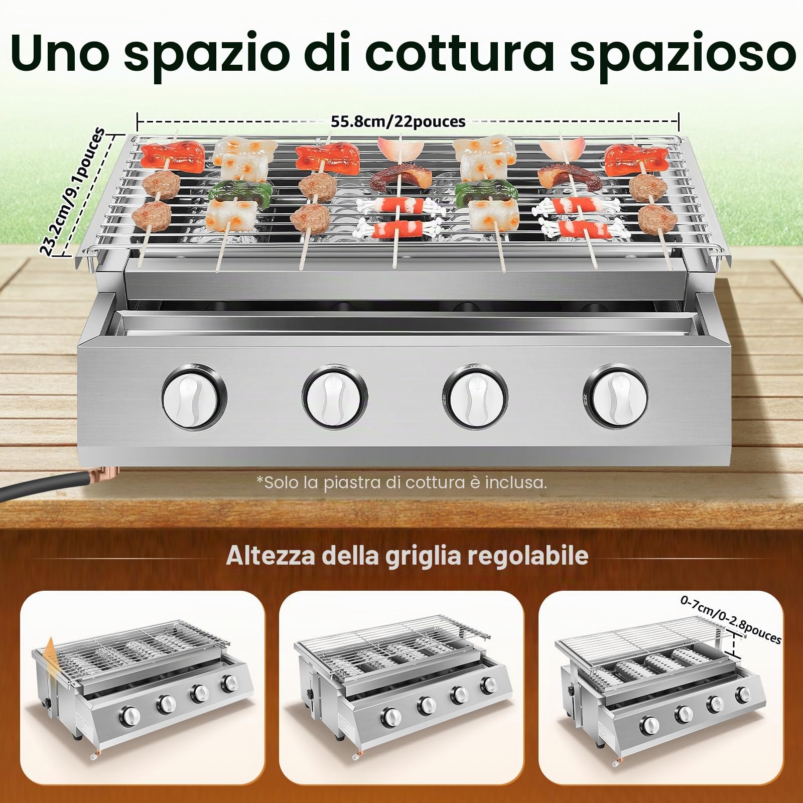Barbecue a gas a 4 bruciatori, in acciaio inox, per Picnic, 57 x 39 x 17,5 cm