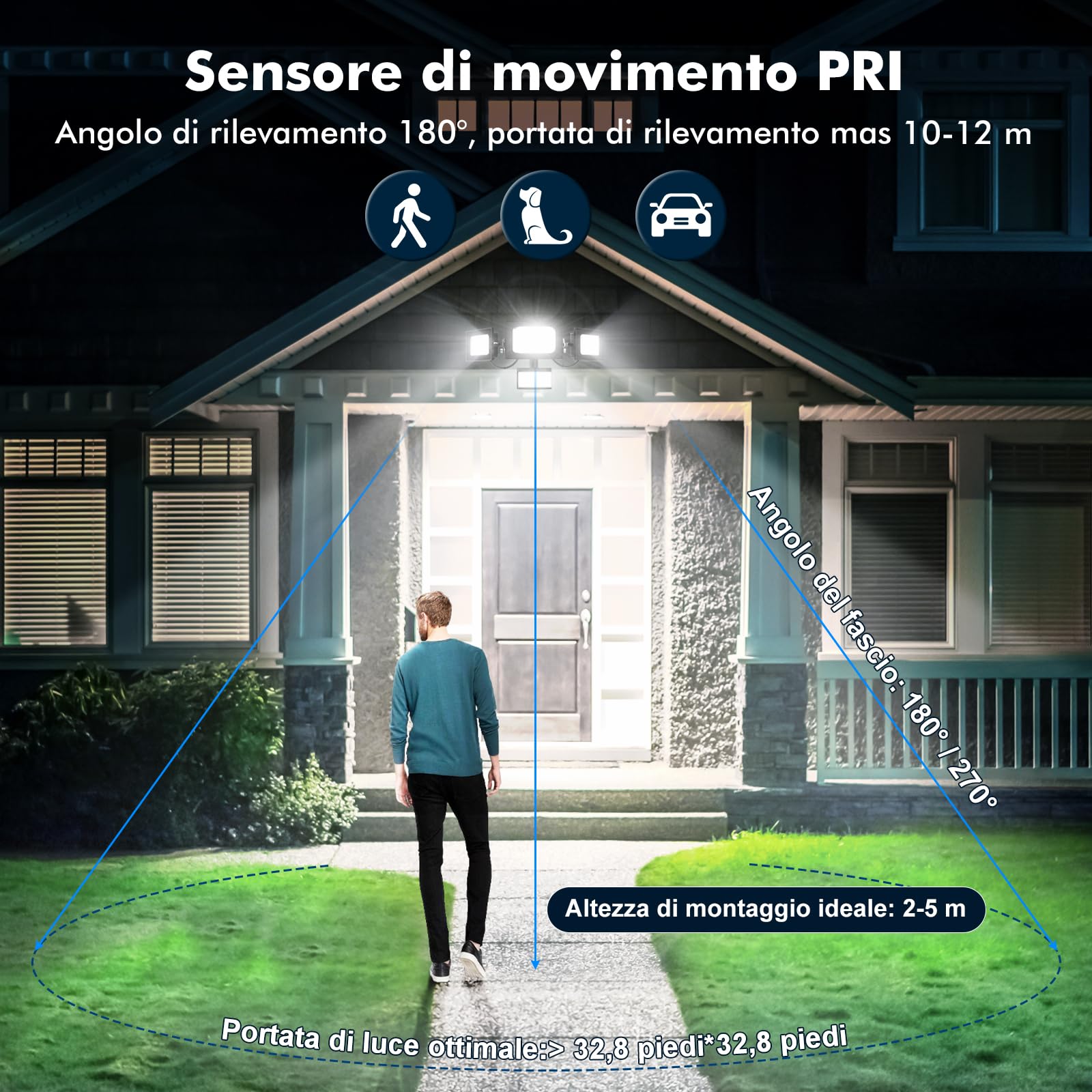 100W Faretto Led da Esterno, 10000LM 6500K Bianca Fredda Faro con Sensore di Movimento, IP65 Impermeabile 3 Moda Luci di sicurezza Proiettore a tre teste per Interno,Giardino,Garage,Cortile