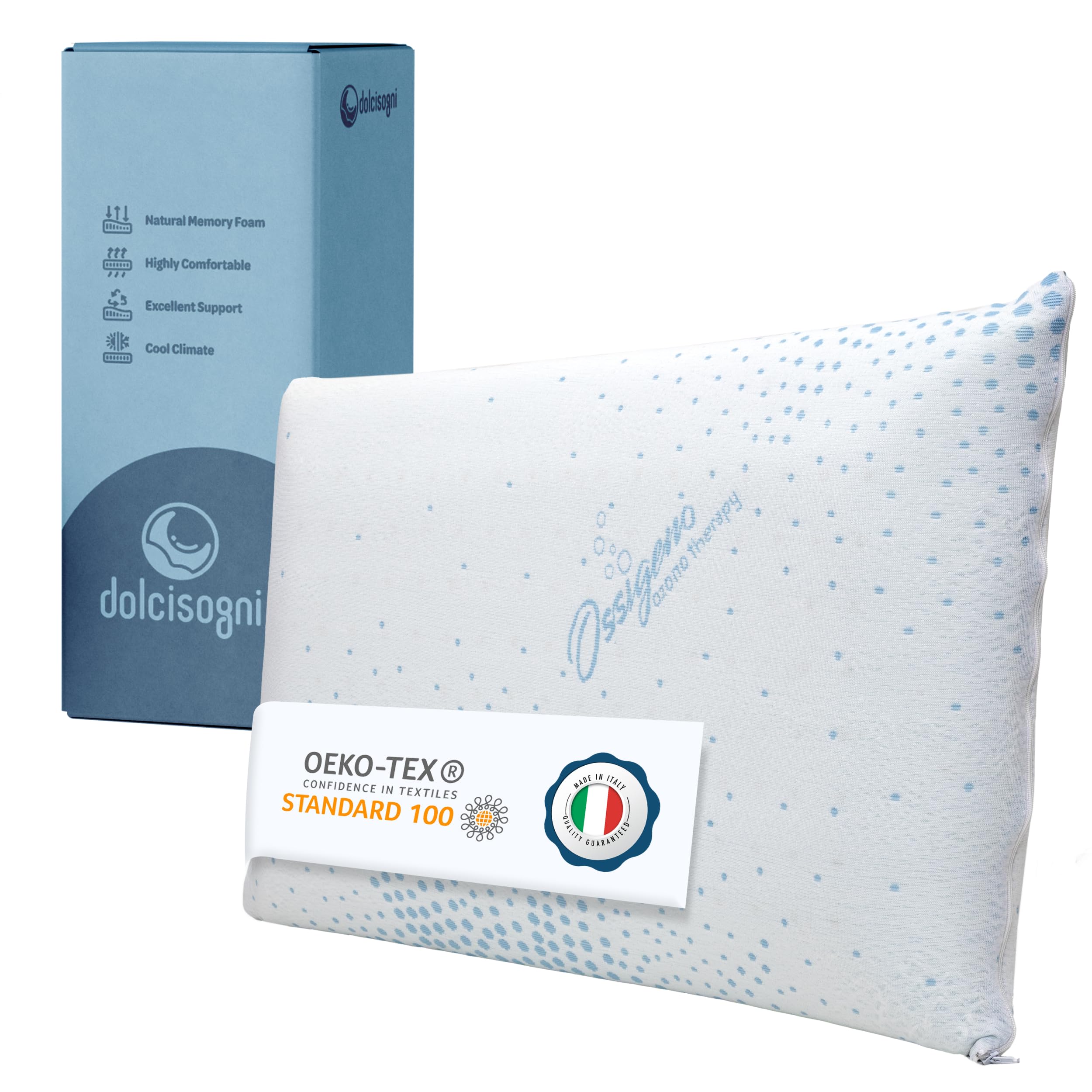 DOLCI SOGNI Almohada Viscoelastica - Almohada Memory Foam 72x42x12/13 cm, Ortopédica y Transpirable - con Tecnología Oxígeno y Protección Antibacteriana - 100% Fabricada en Italia