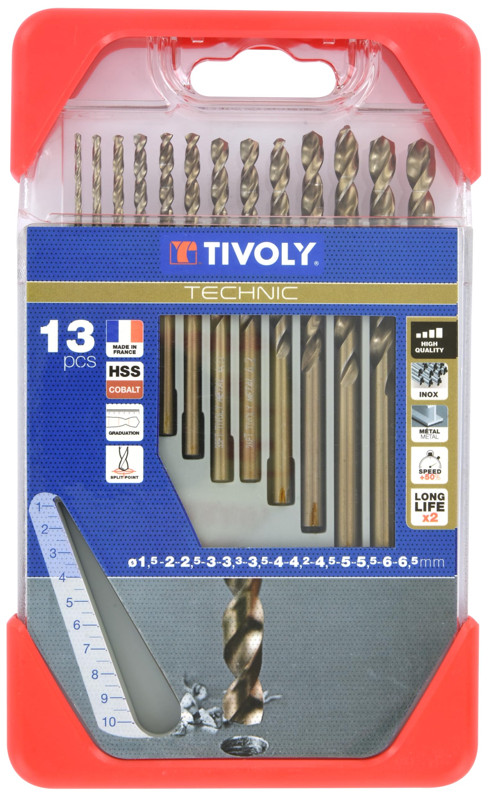 TIVOLY - Coffret Forets Gradués Métaux Haute Performance - Spécial Perçage Inox et Aciers Résistants - 13 Forets HSS Cobalt Ø1,5 à 6,5mm
