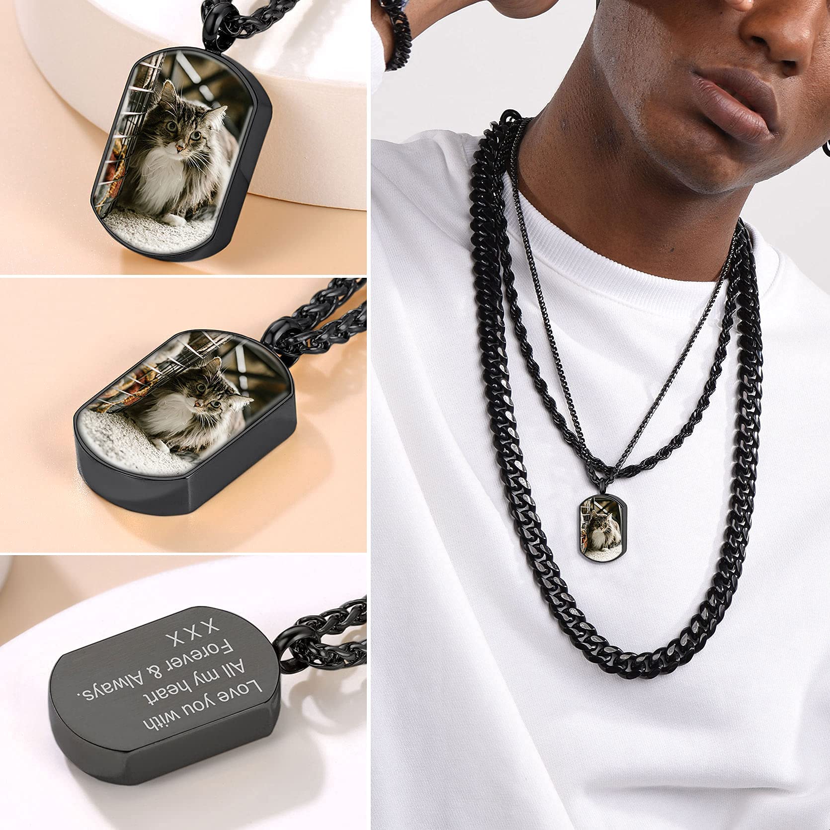 GoldChic JEWELRY Porta Cenizas Chapa Militar con Foto Nombre Colgante para Cenizas Resistente al Agua, Negro
