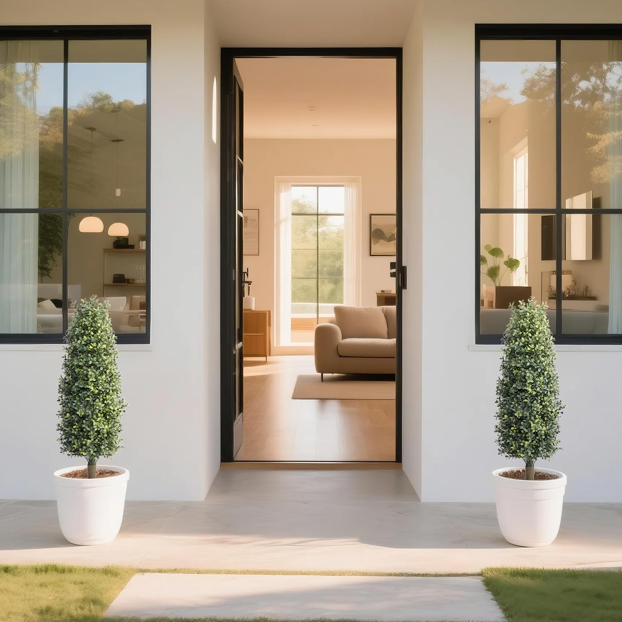 36" Artificial Boxwood Topiary Trees with Ground Spike Set of 2, Outdoor 3ft Faux Boxwood Topiaries Cone Bushes Trees Fake Shrubs Plants Front Porch Decor Outside Garden