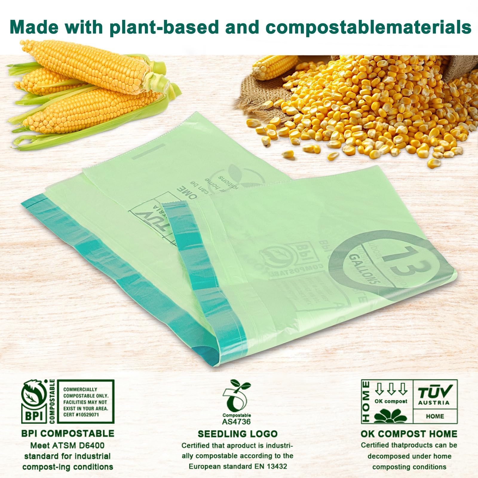 HECTOLIFE Bolsas de basura compostables de 13 galones, bolsa de residuos de comida de cocina, ASTM D6400, certificación US BPI y Europe OK Compost Home, 200 unidades