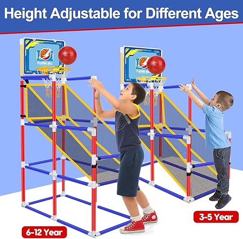 Miniatura 2 de Auggie - Juego de aro de baloncesto para niños con 2 bolas, bomba de aire, altura ajustable, para interiores y exteriores, juguete de portería de